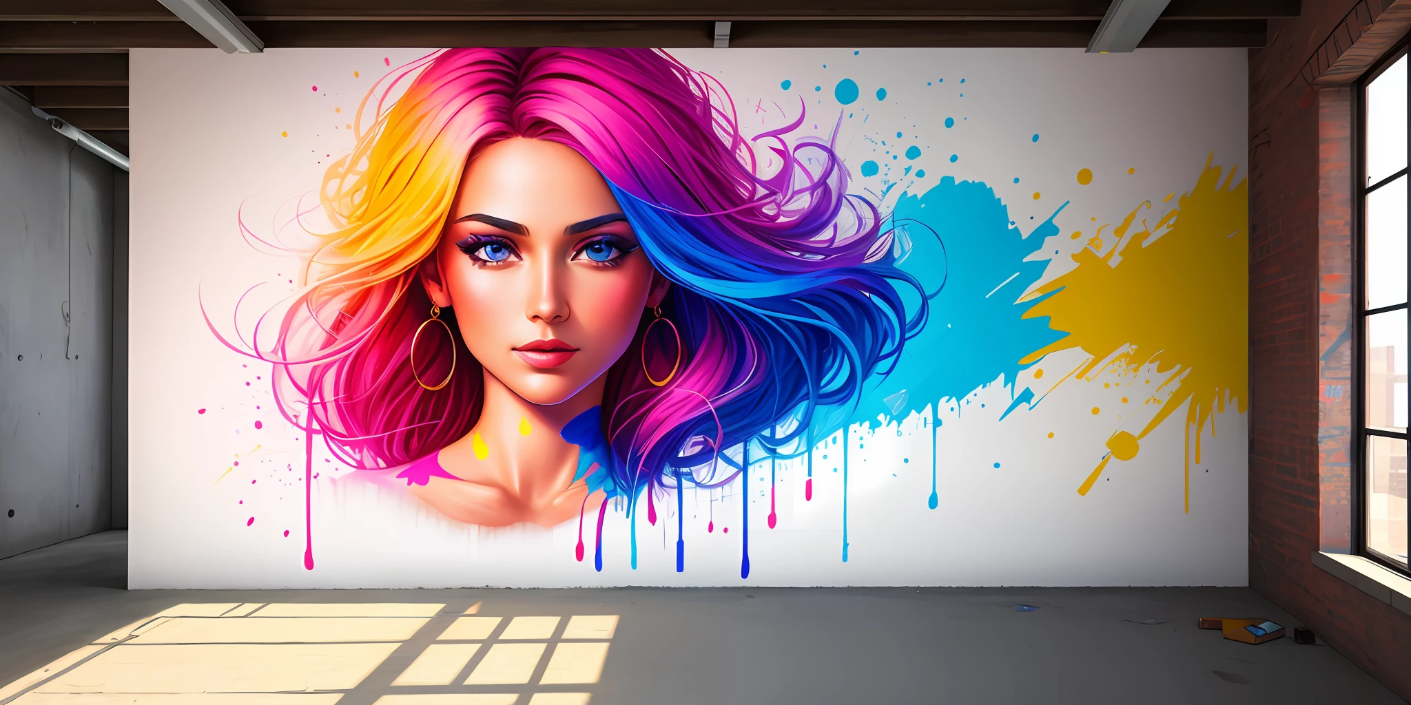 Graffiti painting, street art, 8k wallpaper extremely detailed CG unit, 8k landscape, artwork, masterpiece, best quality, amazing light brush strokes, of a woman in graffiti style on a white wall with vibrant colors.