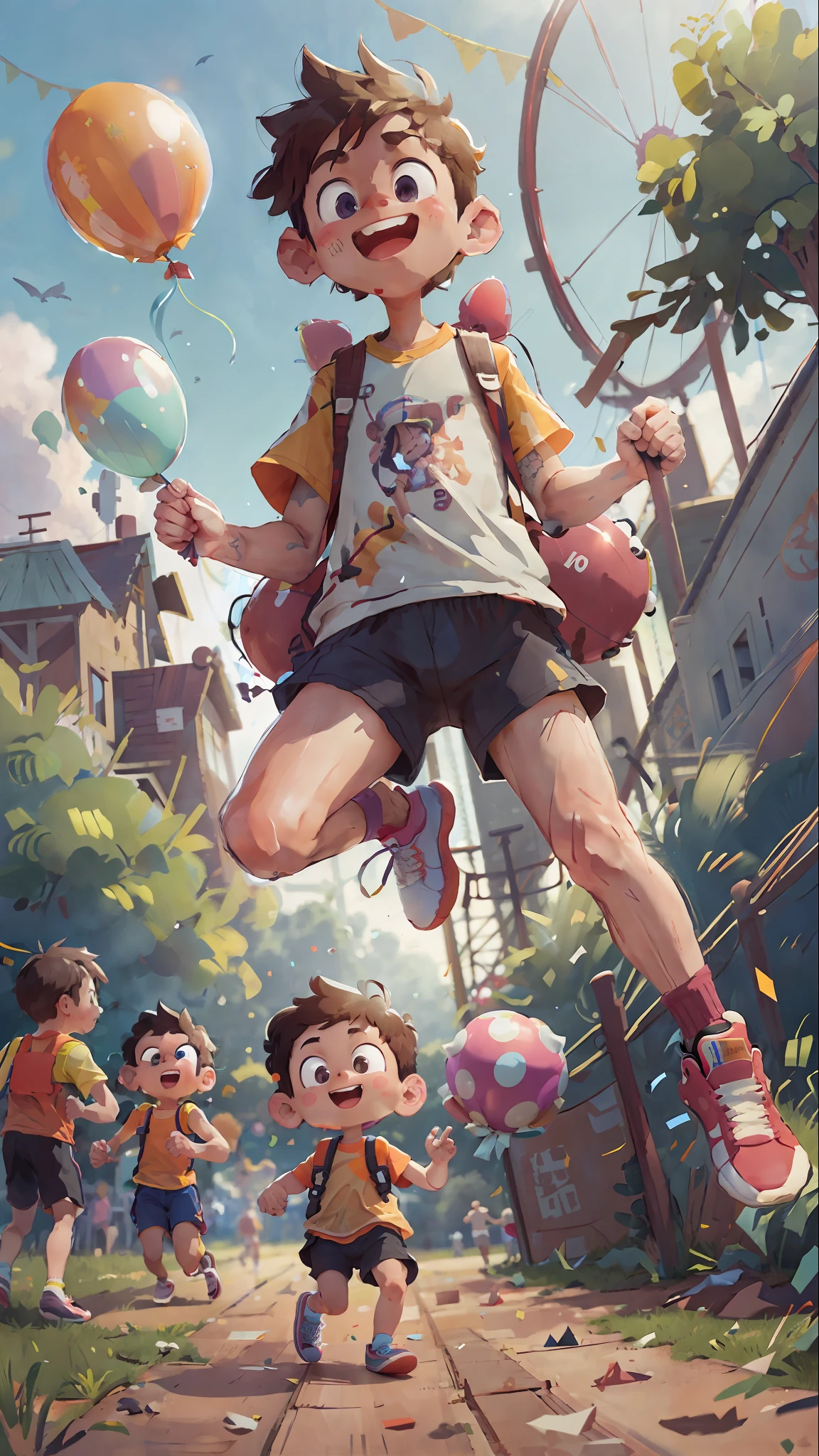 (SFW), two running boys, amusement park, holding balloons, happy, happy, perfect quality, clear focus, colorful, clear face, intricate details, wearing sneakers, ultra-low viewing angle, wide angle lens --v 6