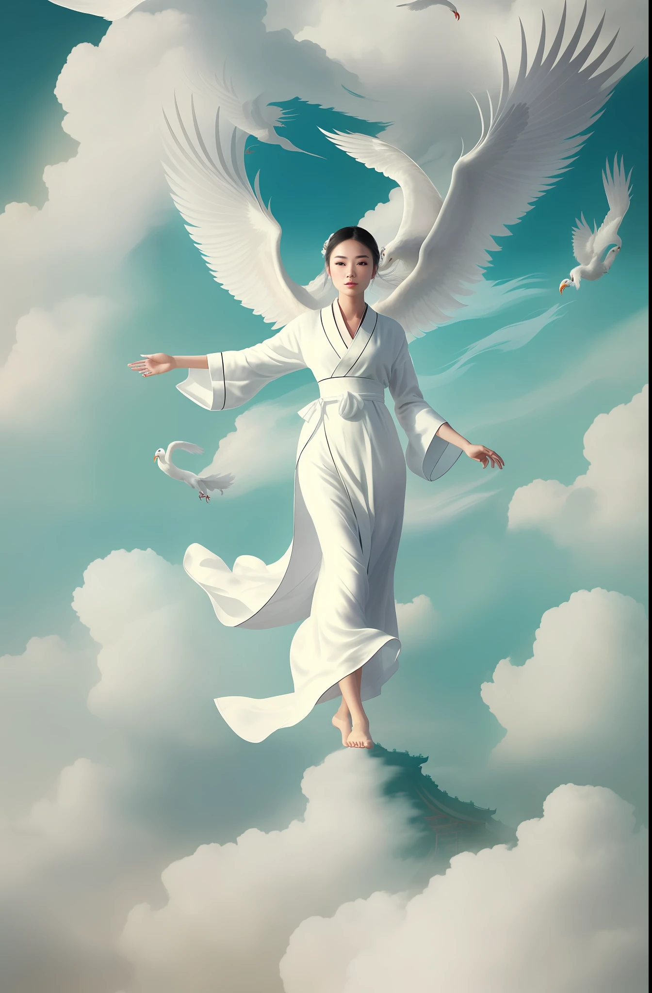 1 girl,(white Chinese robe),
In a captivating scene, a beautiful woman adorned in a flowing white Chinese robe soars through the misty clouds on the back of a majestic Chinese phoenix. The wind gently lifts her robe, accentuating the sense of flight as they gracefully navigate the ethereal cloudscape.