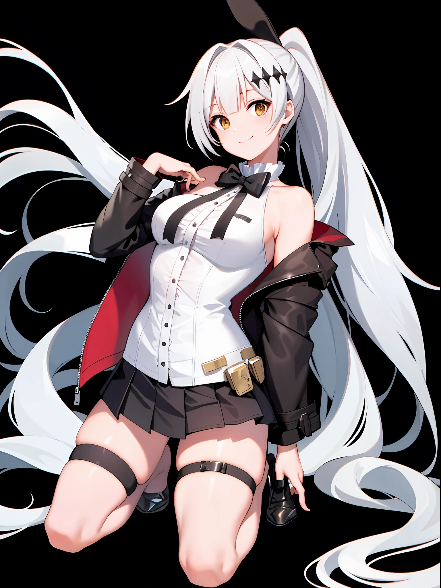 (masterpiece), (best quality), ((high resolution)), fiveseven, long ponytail, wool jacket off the shoulder, black pleated skirt, smile, (thigh strap, skin dentation), dynamic pose, (white background: 1.3), kneeling, thighs
