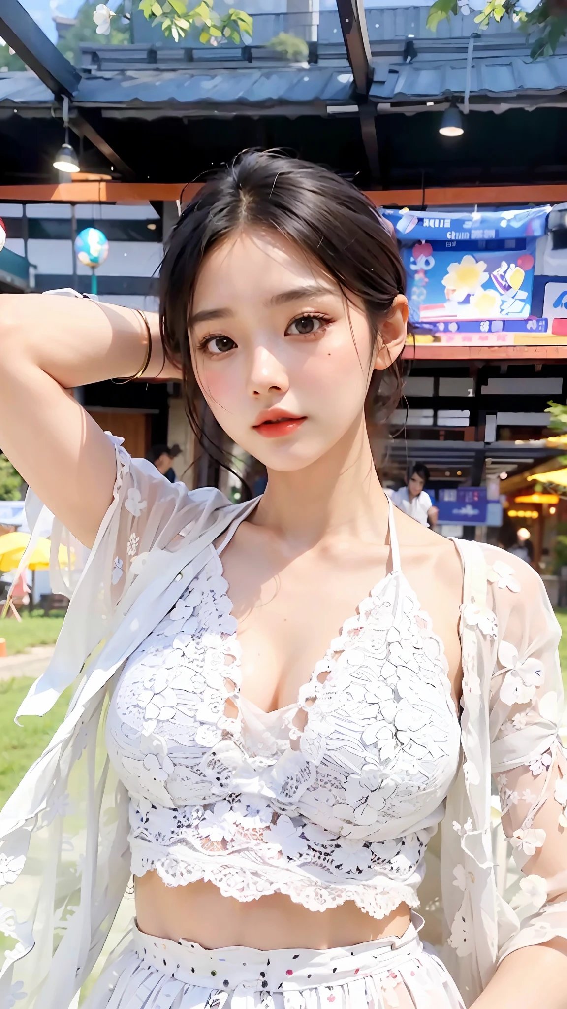 a close up of a woman in a white top and skirt, xintong chen, xision wu, beautiful asian girl, a young asian woman, gorgeous young korean woman, young cute wan asian face, wenfei ye, beautiful south korean woman, gorgeous chinese model, chinese girl, young asian girl, 2 , 21 years old, there is a tight cleavage, round breasts, a faint smile,