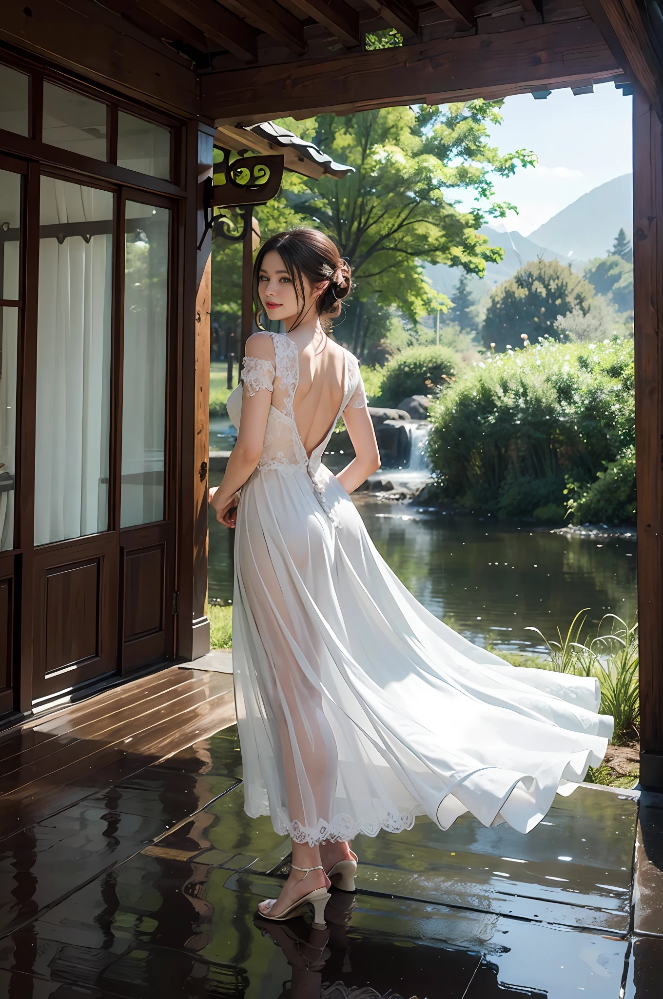 {bride}, (long wedding dress), half-submerged, {back view}, dark brown hair, {(photo taken from a very distance)}, (bride looks very small in the distance), wide shot, (back view walking alone), colorful bare feet, trails, steep cliffs, detailed, wet, muddy floor, rainy weather, wet, best quality, masterpiece, illustration, very delicate and beautiful, very detailed, CG, unity, 8K wallpapers, amazing, fine detail, highly detailed CG Unity 8K wallpapers, Huge file size, very detailed, high resolution, (Best Illustration: 1.1), (Best Shadow: 1.1), Ultra High Resolution, (Photoreal: 1.1), (Photo Realistic: 1.2:1.1), Digital Painting, Art Station, Concept Art, Breathtaking, High Detail, 4K, Very Detailed, Beautiful, Setting Shots, Hyperrealism, Unreal Engine 5, Smile, Pretty Face, Drooping Eyes,