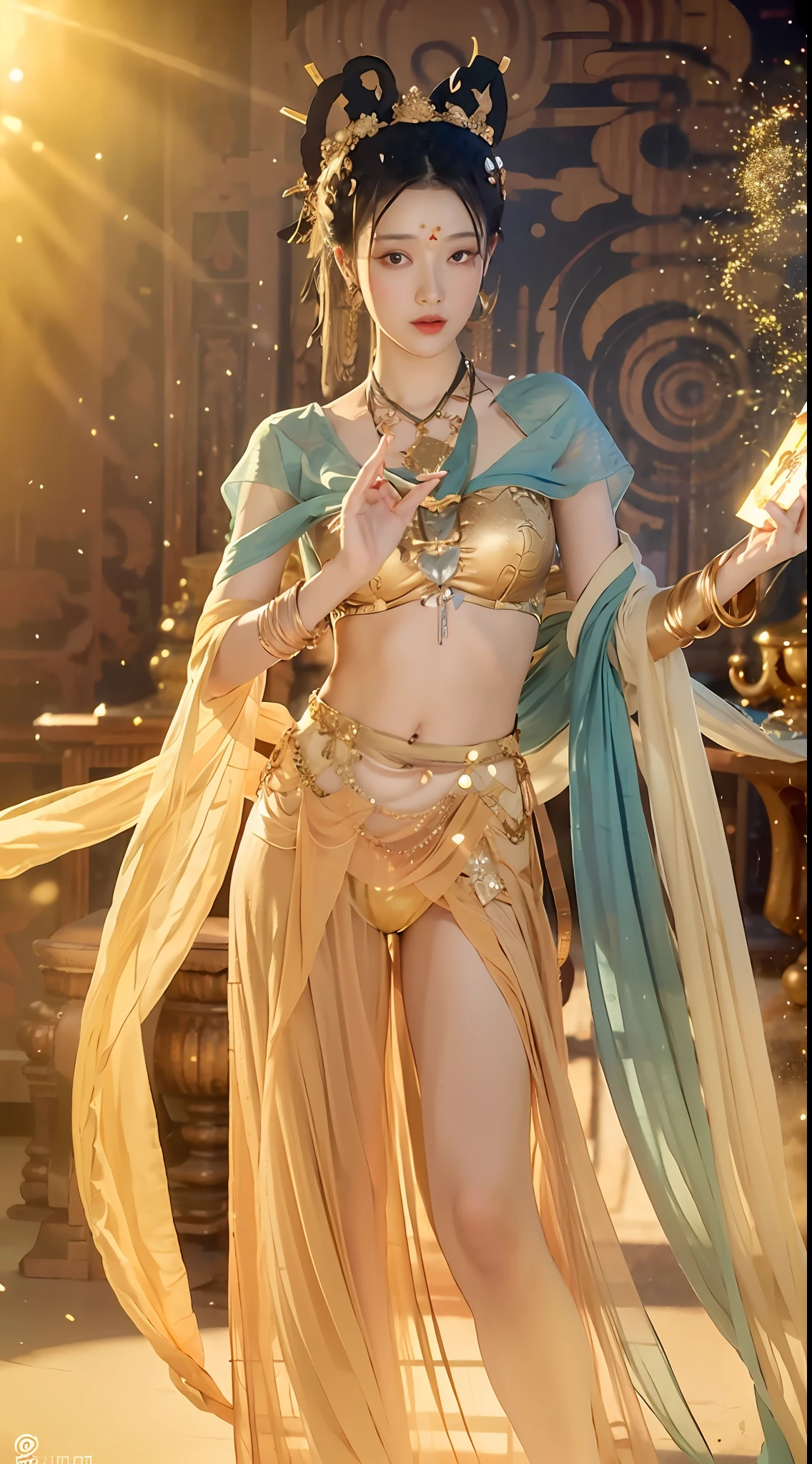 (8k, RAW photo, best quality, masterpiece: 1.2), (realistic, photo-realistic: 1.4), (extremely detailed CG unity 8k wallpaper), 1 girl solo, full body, thighs, navel exposed, golden waist chain, golden accessories, particles, dance, dunhuang_dress, dunhuang_style, dunhuang_background, blurry_background,