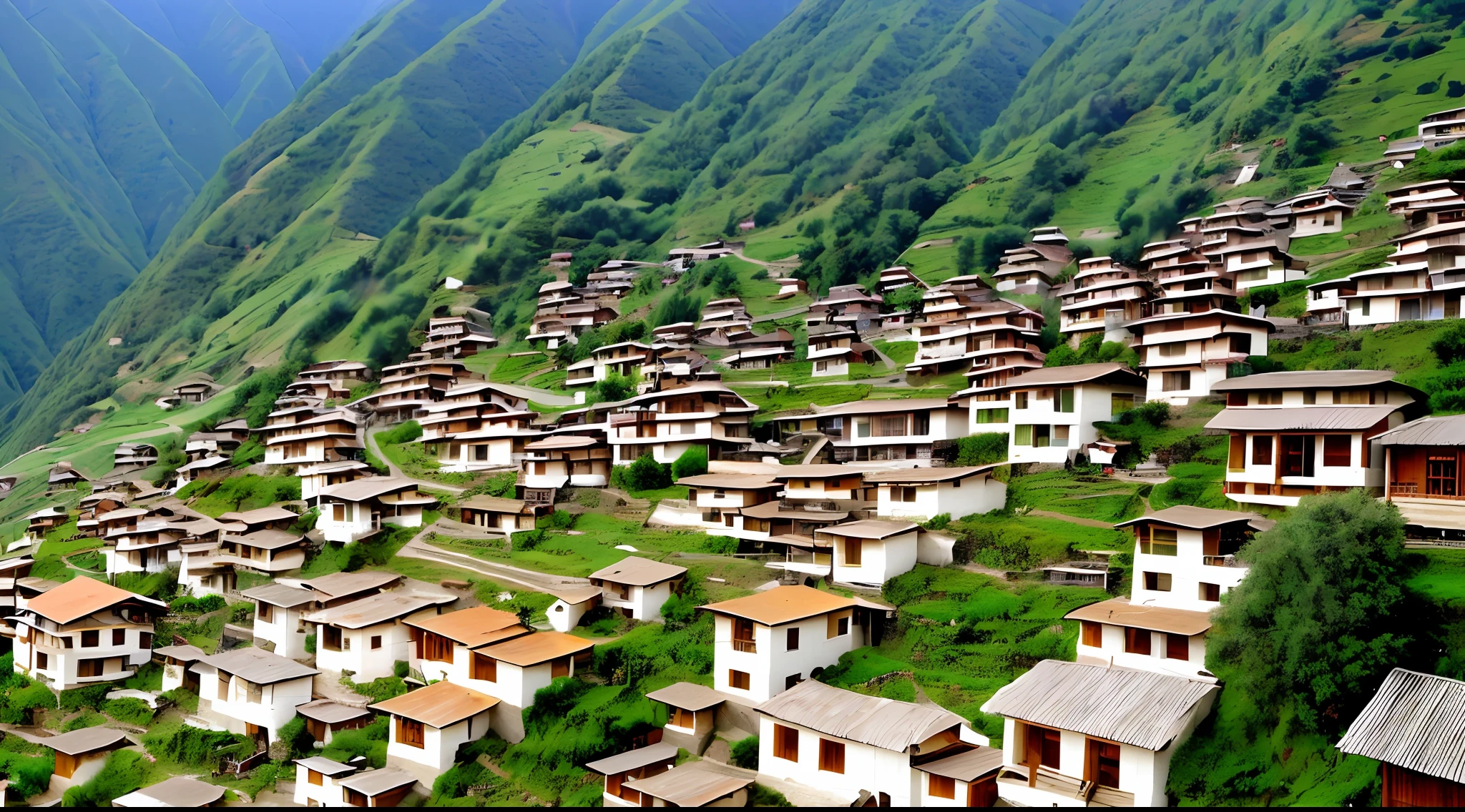 The village is located on the southern slope of a mountain ridge, and from the top of the slope to the root of the slope, it is full of people. There are many tile houses and stone caves in the village