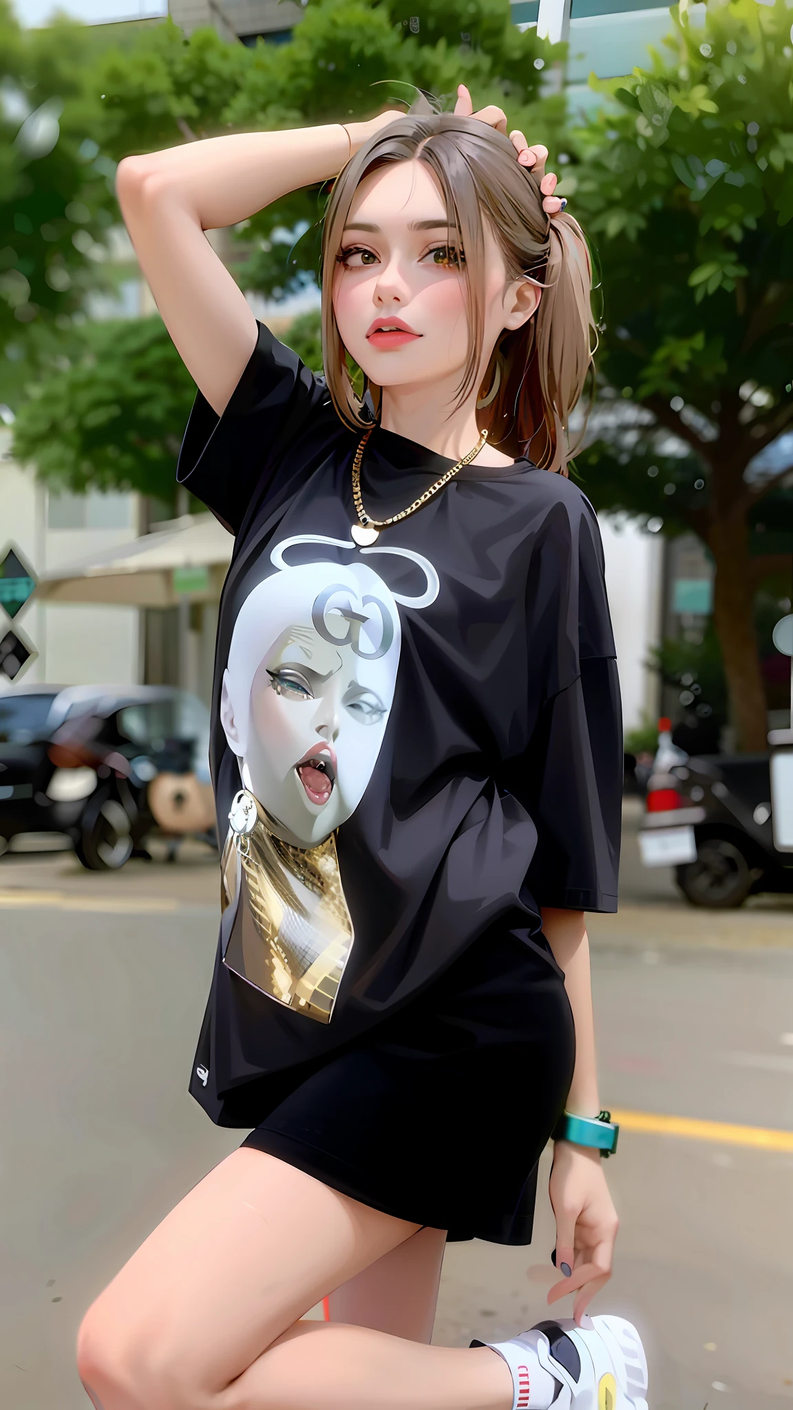 araffe girl in a black shirt and shorts posing for a picture, 2 0 2 0 fashion, trending on r/streetwear, she is wearing streetwear, gucci clothes, high quality material bssrdf, official, snake-face lady, demna gvasalia, street fashion clothing, exclusive, demobaza, 🔥 😎 🕹️ 👀 :2