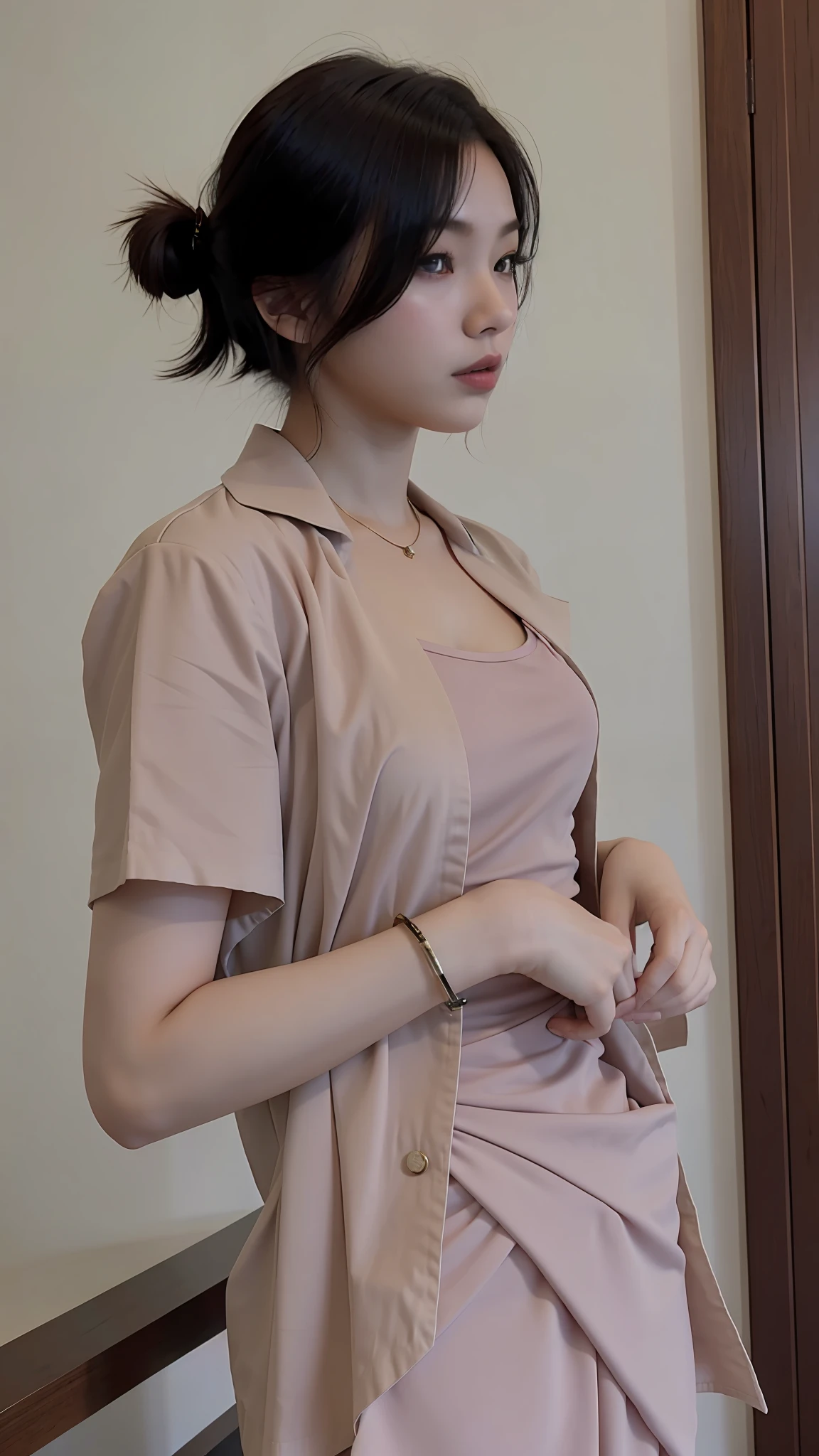 there is a woman standing in a room with a purse, cropped shirt with jacket, leaked image, open v chest clothes, with short hair, woman model, lovely woman, 8k)), photo of slim girl, 2 4 year old female model, brown clothes, side pose, 🤤 girl portrait, a young asian woman, sakimichan, there is tight cleavage, round breasts, big breasts