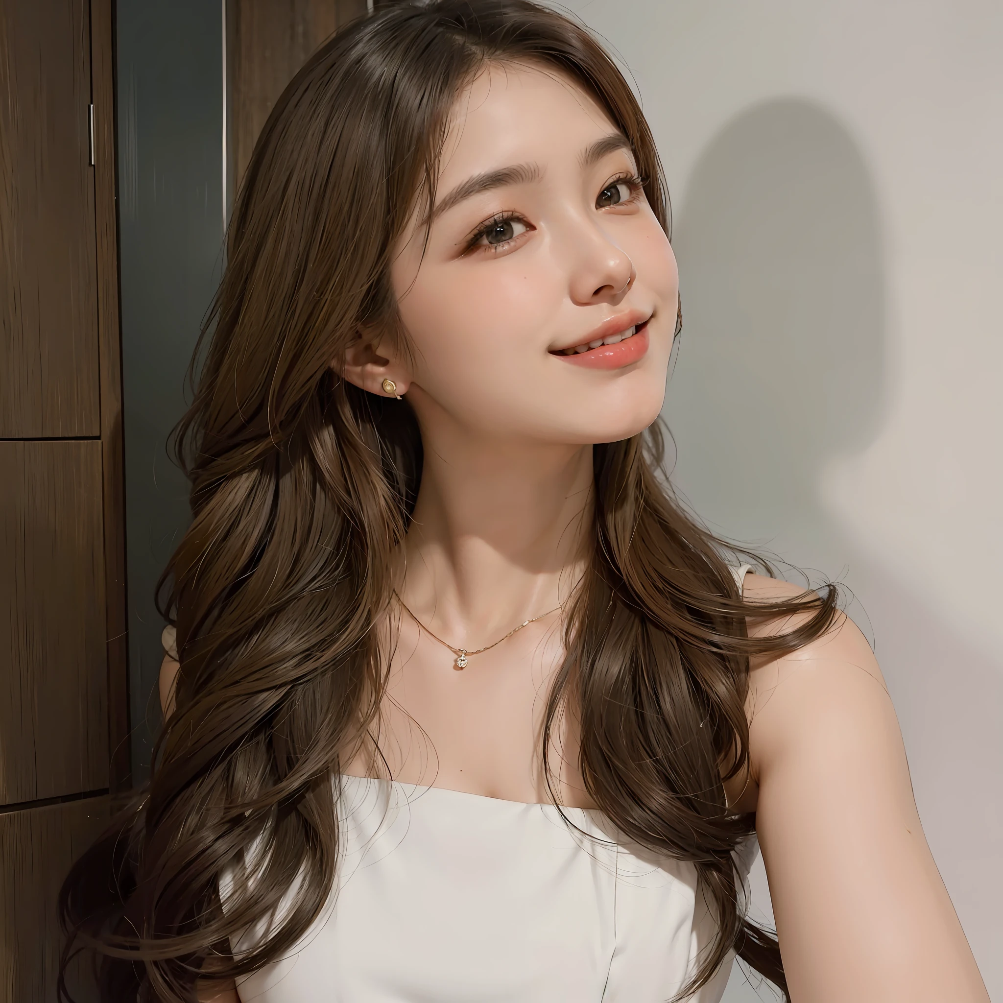 araffed woman with long brown hair wearing a white dress, cindy avelino, leaked image, 2 7 years old, 2 9 years old, 2 8 years old, kimi vera, beautiful and smiling, portrait of modern darna, 2 3 years old, actress, by Robbie Trevino, leaked photo, pokimane, she is smiling, angelawhite, there is tight cleavage, round breasts, big breasts, sweet open smile