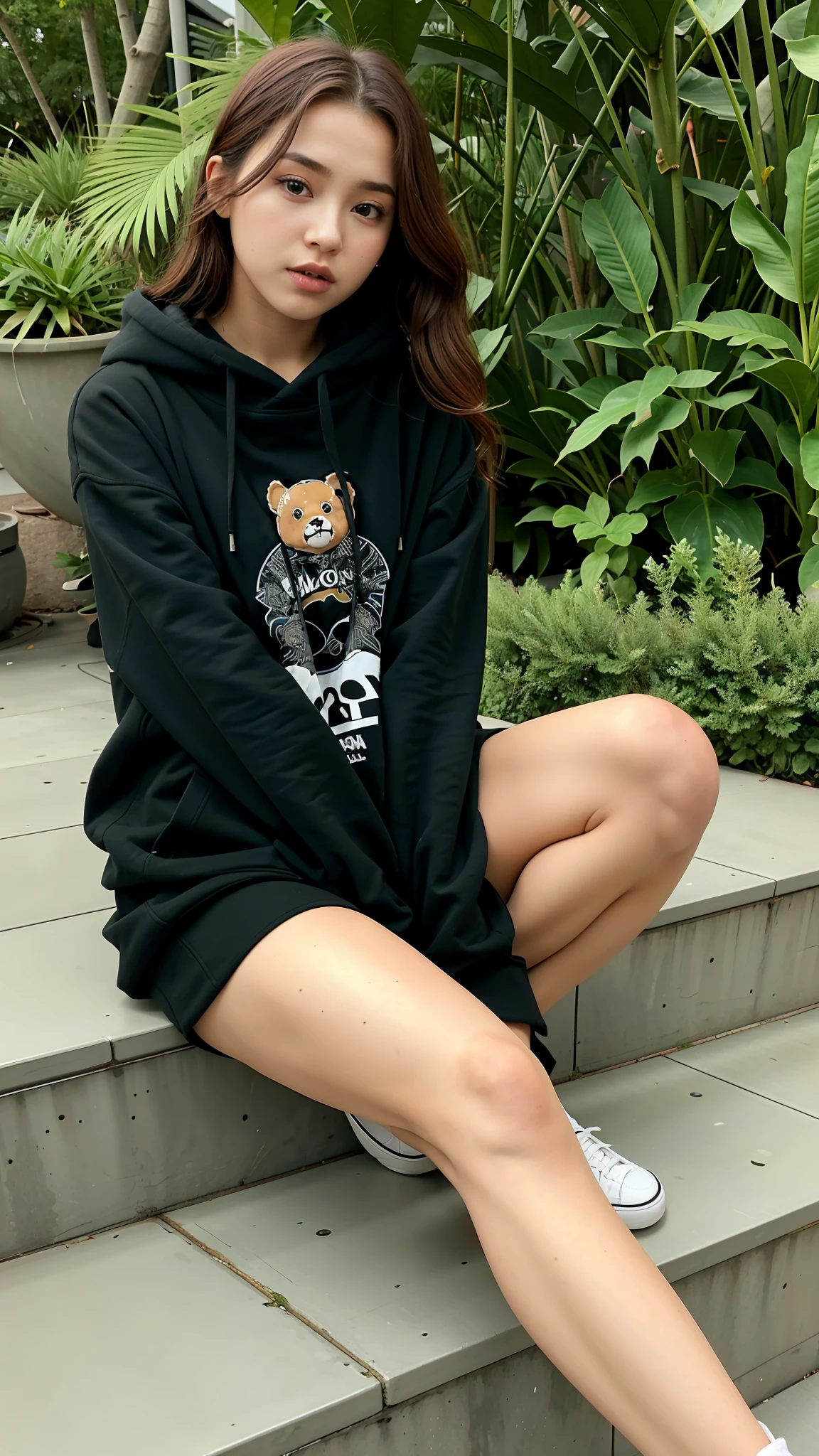araffed woman sitting on steps with a teddy bear on a hoodie, girl wearing hoodie, trending on r/streetwear, black hoodie, in a black hoodie, black oversized clothes, wearing an oversized hoodie, wearing a black hoodie, she is wearing streetwear, casual clothes, dressed black hoodie, gucci clothes, hoodie, cute casual streetwear, wearing hoodie, 8k)), , round breasts, big breasts