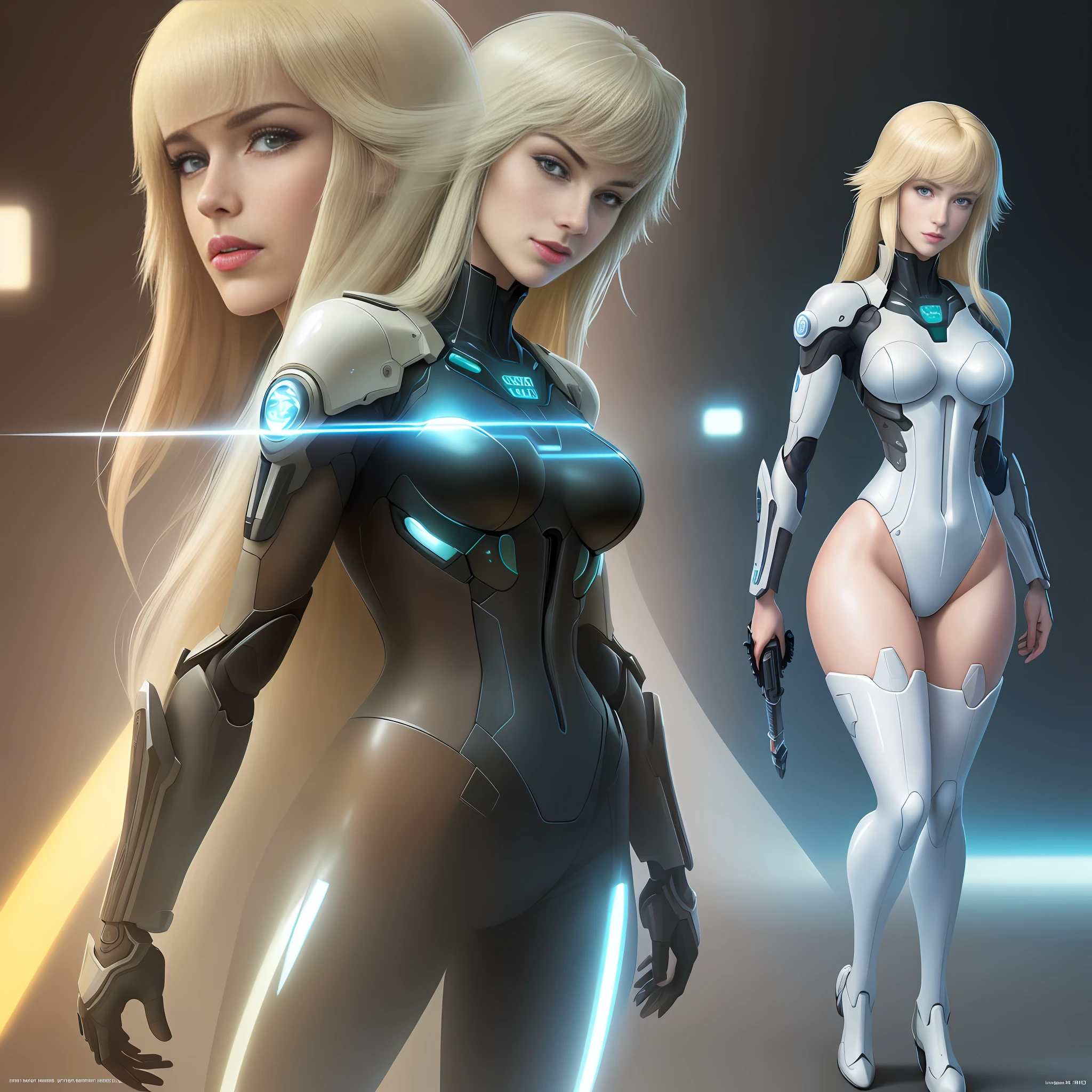 masterpiece, best quality, film, official art, sand colors, natural colors propaganda art, movie wallpaper, highly detailed cg unified 4k wallpaper, intricate details, white background, upper body, face focus, concept art, production art, (, high resolution, (realistic, photorealistic:1.2), physics-based rendering, machine, reflection, realistic, cyberpunk, Symmetrical front view close-up Eye-symmetry in headshots Face Very sharp focus Realistic award-winning matte drawing Movie Light 1 boy, mecha, (illustration: 1.1), slim, fair-skinned, delicate face, kingrove, glow, tights, (long blonde hair), green eyes, battlefield, chip, glow, sword, ghost in the shell Kusanagi motoko, translucent high leg, smile, tongue bout, open legs,