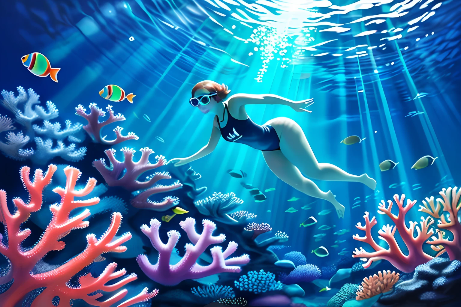 Full body photo taken from the top back of the figure, mature woman, 1girl, short hair, glasses, underwater, sea, digital painting, flat body, arms and hands open, legs open, butt on stilts, rounded feet, taken from above the woman's back, woman's face facing the bottom direction, no face visible, full body photo, soft light, (coral swimming tropical fish), (pale skin: 1.2), swimsuit, analytic art, detail painting, bioluminescence, iridescent colors, octane,