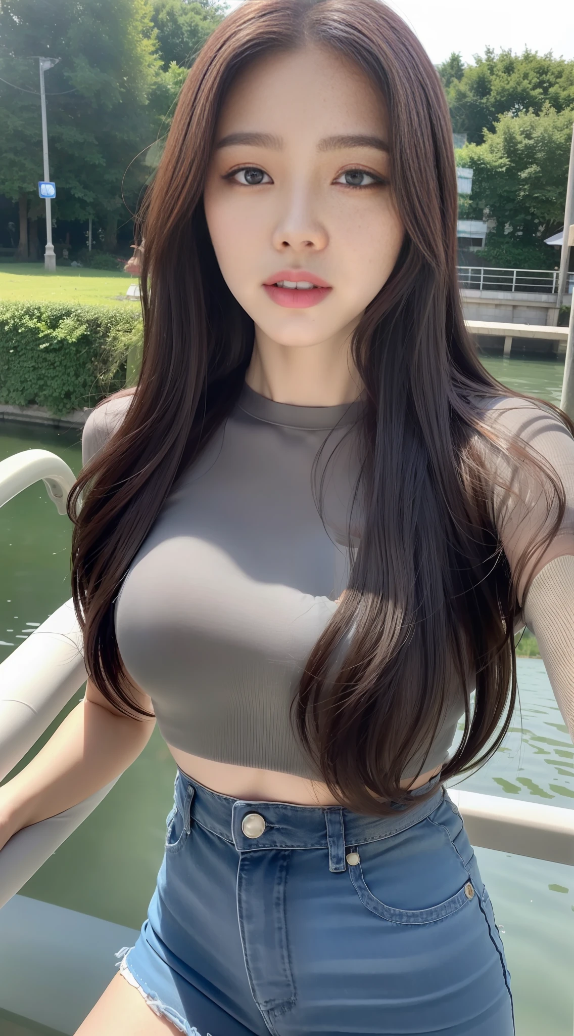 (Best Quality, 8k, 32k, Masterpiece, UHD: 1.3), (Kpop Idol: 1.4), 1 Girl, (Huge: 1.65), (Medium Hair), Abs, Perfect Figure, Ultra-detailed Face, Detailed Lips, Fine Eyes, Double Eyelids, Full Body Tights, On a Small Bridge, Drowning, (Panicked), (Danger), ((Awakening: 1.5)), (Right Eye Shines)