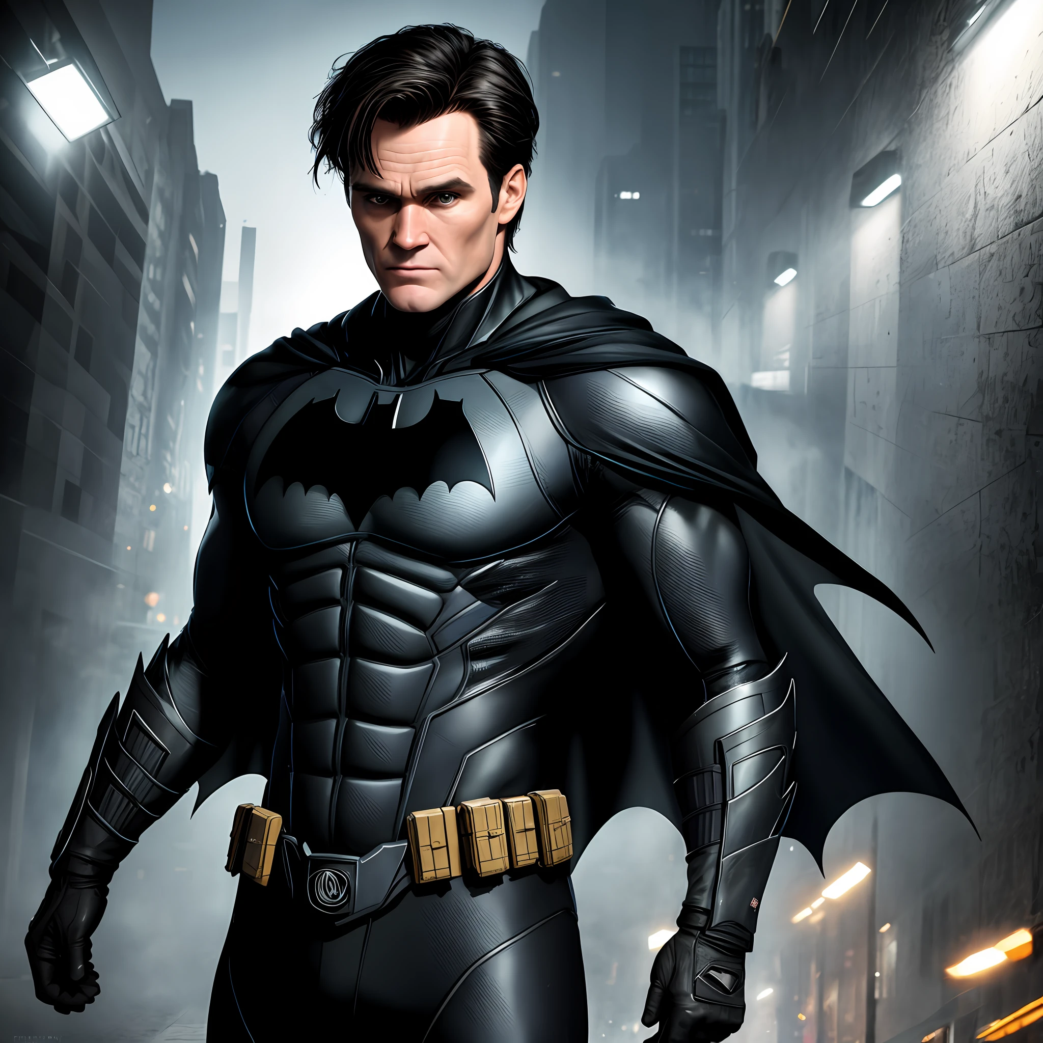 masterpiece, (photorealistic: 1.5), batman style, pov, cinematic lighting, depth of field, ray tracing, 8k, extreme detail, high quality, realistic eyes, best quality, beautiful lighting, professional lighting, Jim Carrey, serious face, detailed eyes, black eyes, same eyes, wavy short hair, real hair movement, black suit, cigarettes, standing, center, night,