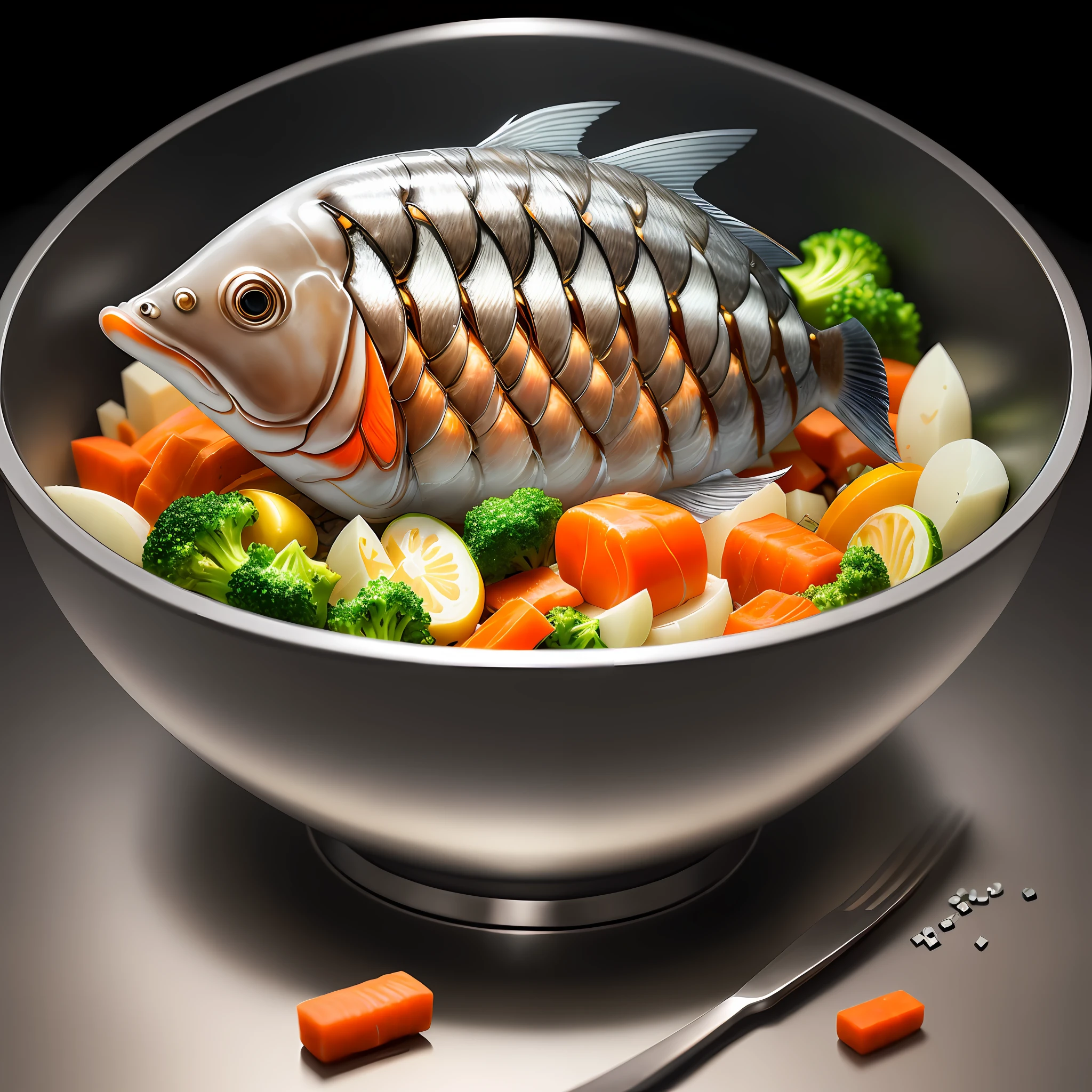 Ultra realistic style, stainless steel bowl with ((pieces of fish)), chopped potato, grated carrot, chopped broccoli, intricate details, dslr, 100 mm, pets, diffused light, Studio photography, professional advertising, 8k