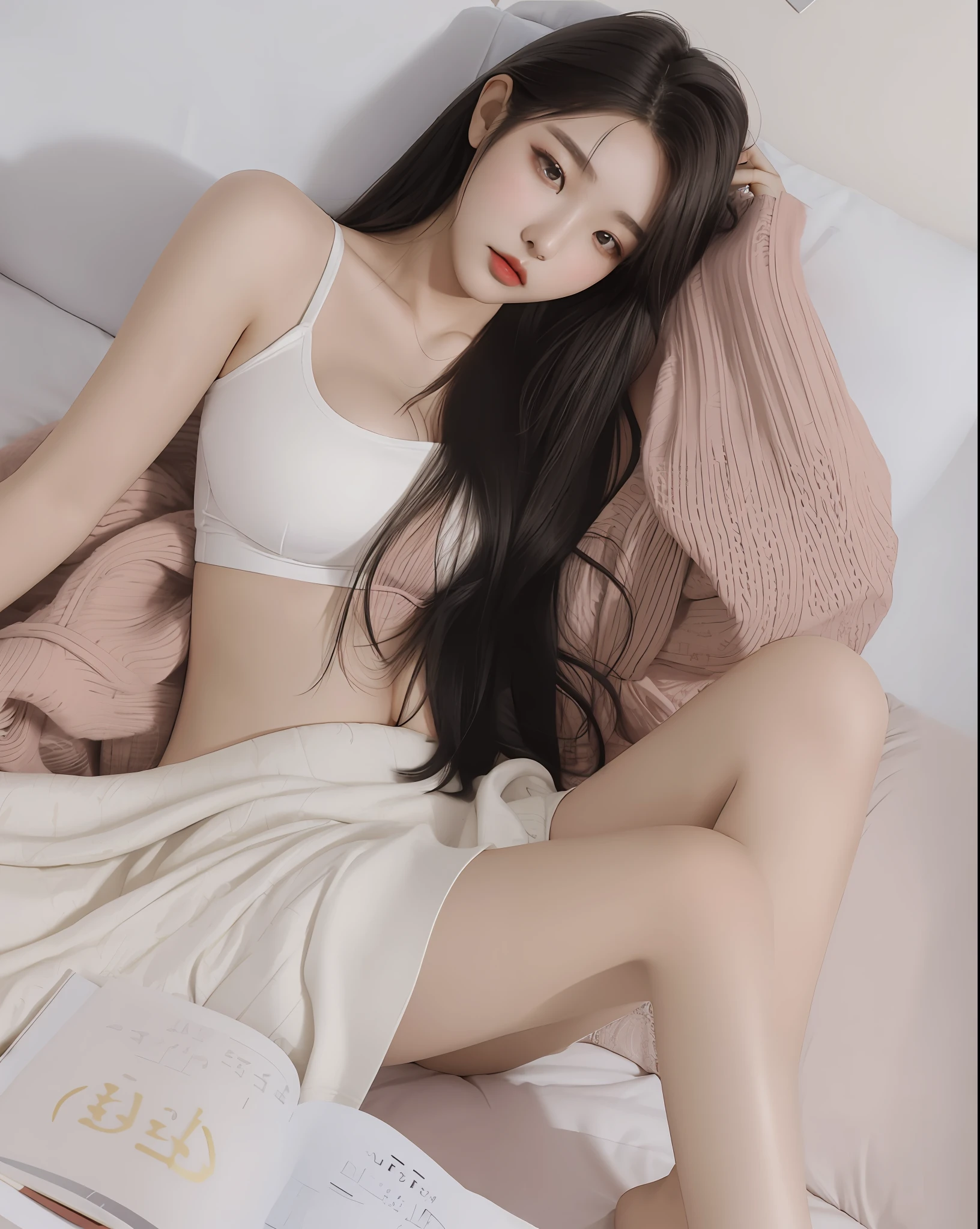 araffe woman in white underwear laying on a bed with a book, gorgeous young korean woman, korean girl, beautiful south korean woman, beautiful young korean woman, sexy girl, photo of slim girl model, smooth white tight clothes suit, beautiful asian girl, korean women's fashion model, gorgeous chinese model, good young girl, dilraba dilmurat, there is tight cleavage, round breasts, big breasts