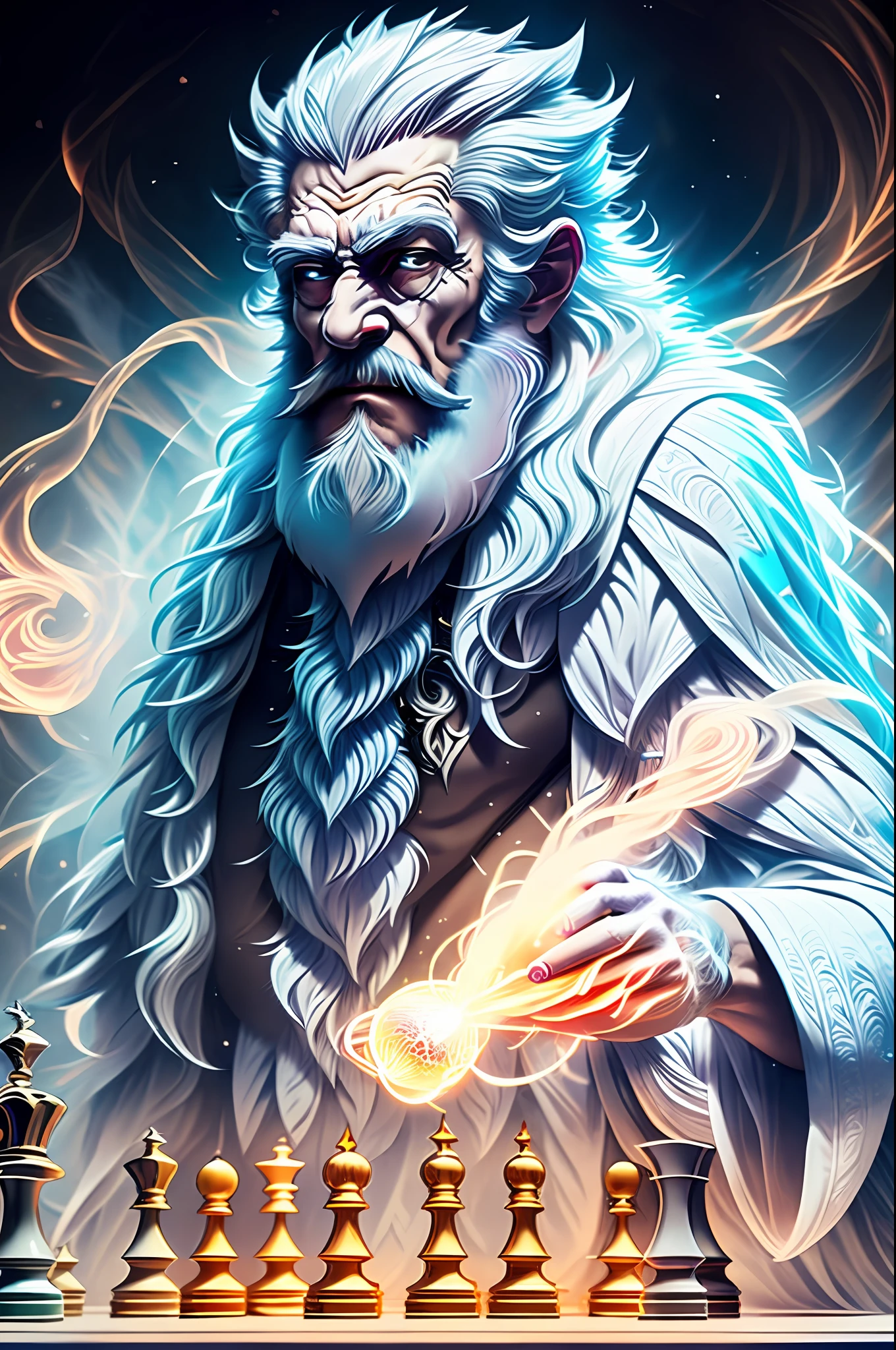 (extremely detailed 8k wallpaper)+, a medium shot photo of an old bearded man with glowing white robes, white eyes and white hair sitting playing chess with a smirk