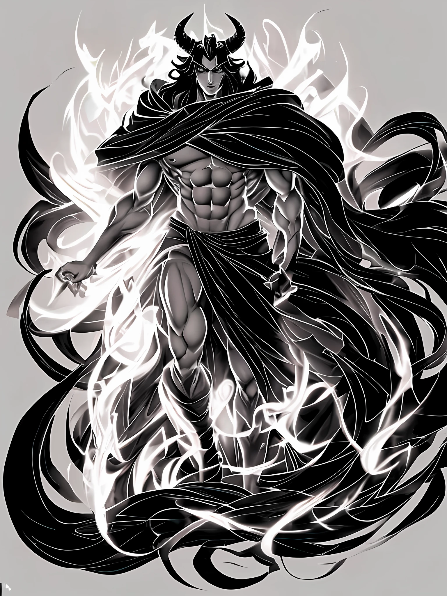 A seductive and manly figure of Hades, with perfect eyes, black long hair, white skin, and a perfect face, his horns a sign of his power, stands tall with a perfect body and body proportions, a big bulge, and pubic hair, all rendered in a unique and creative style, all rendered in a detailed and high quality style.