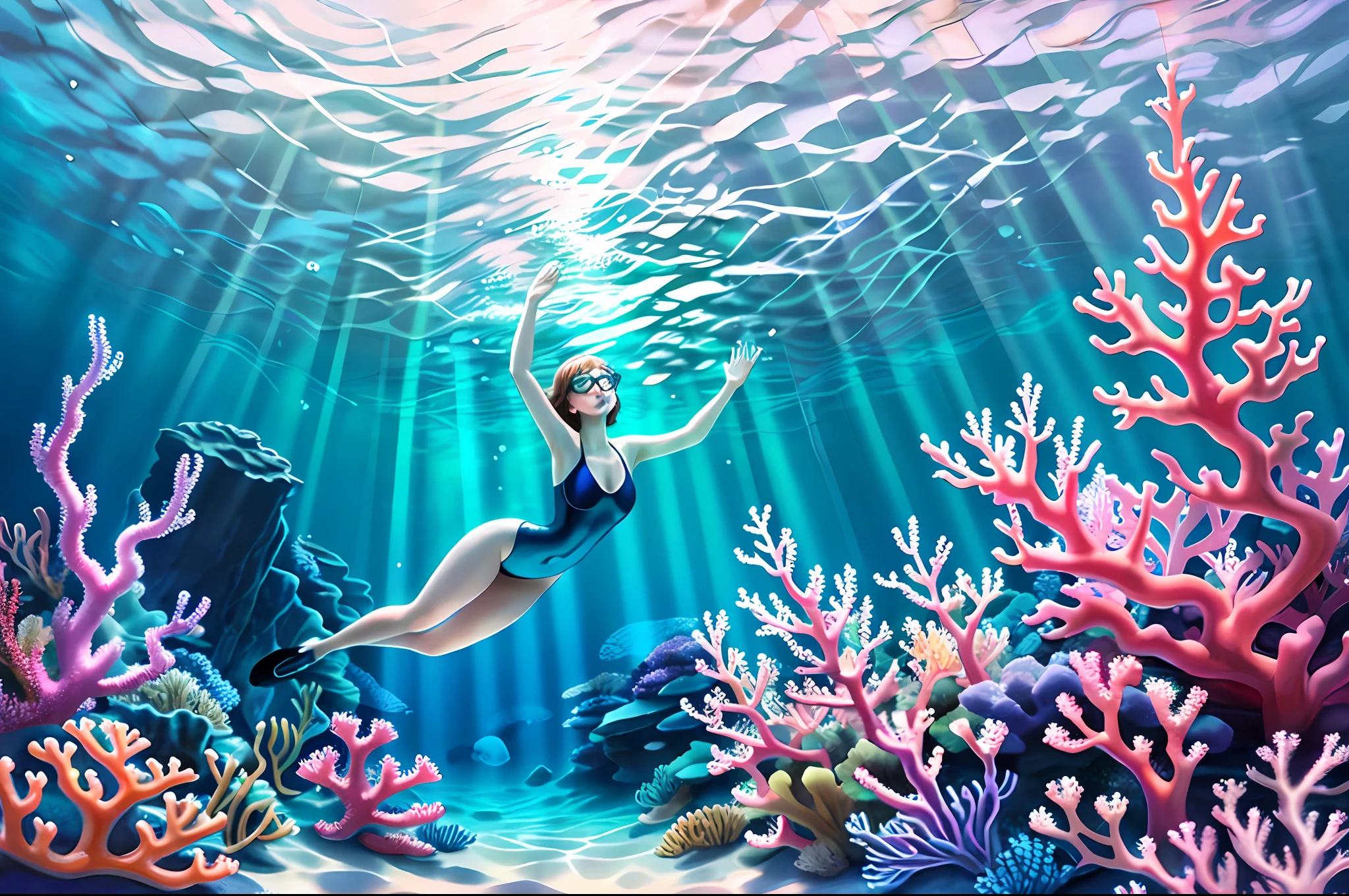 Full body photo taken from the top back of a woman, mature woman, 1girl, short hair, glasses, underwater, sea, digital painting, horizontal body, arms and hands open, legs open, stilted ass, rounded feet, taken from the woman's back diagonally above, woman's face facing the bottom direction, no face visible, full body photo, soft light, (coral swimming tropical fish), (pale skin: 1.2), swimsuit, analytic art, detail painting, bioluminescence, iridescent colors, octane,