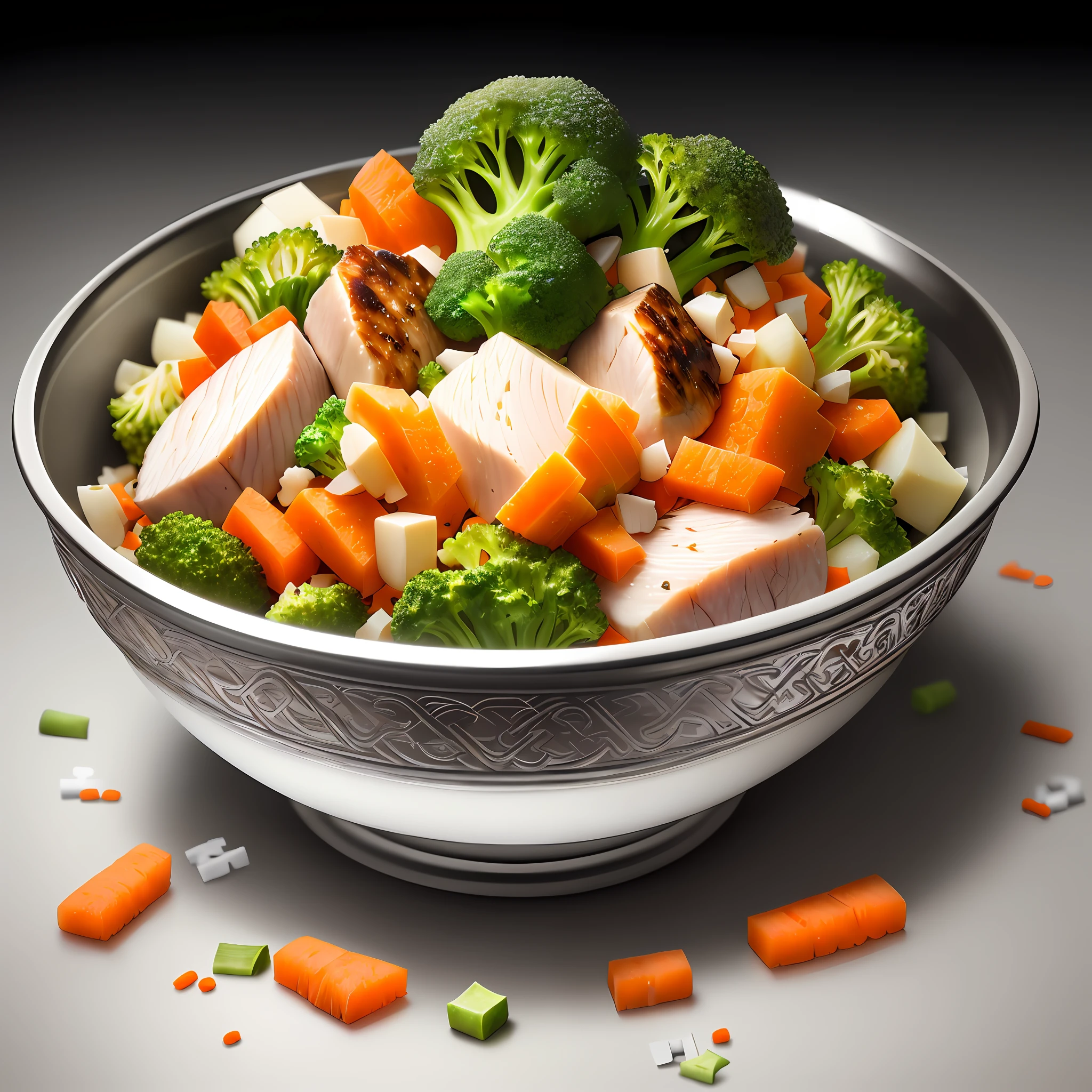 Ultra realistic style, stainless steel bowl with (((pieces of white meat)), chopped potato, grated carrot, chopped broccoli, intricate details, dslr, 100 mm, pets, diffused light, Studio photography, professional advertising, 8k