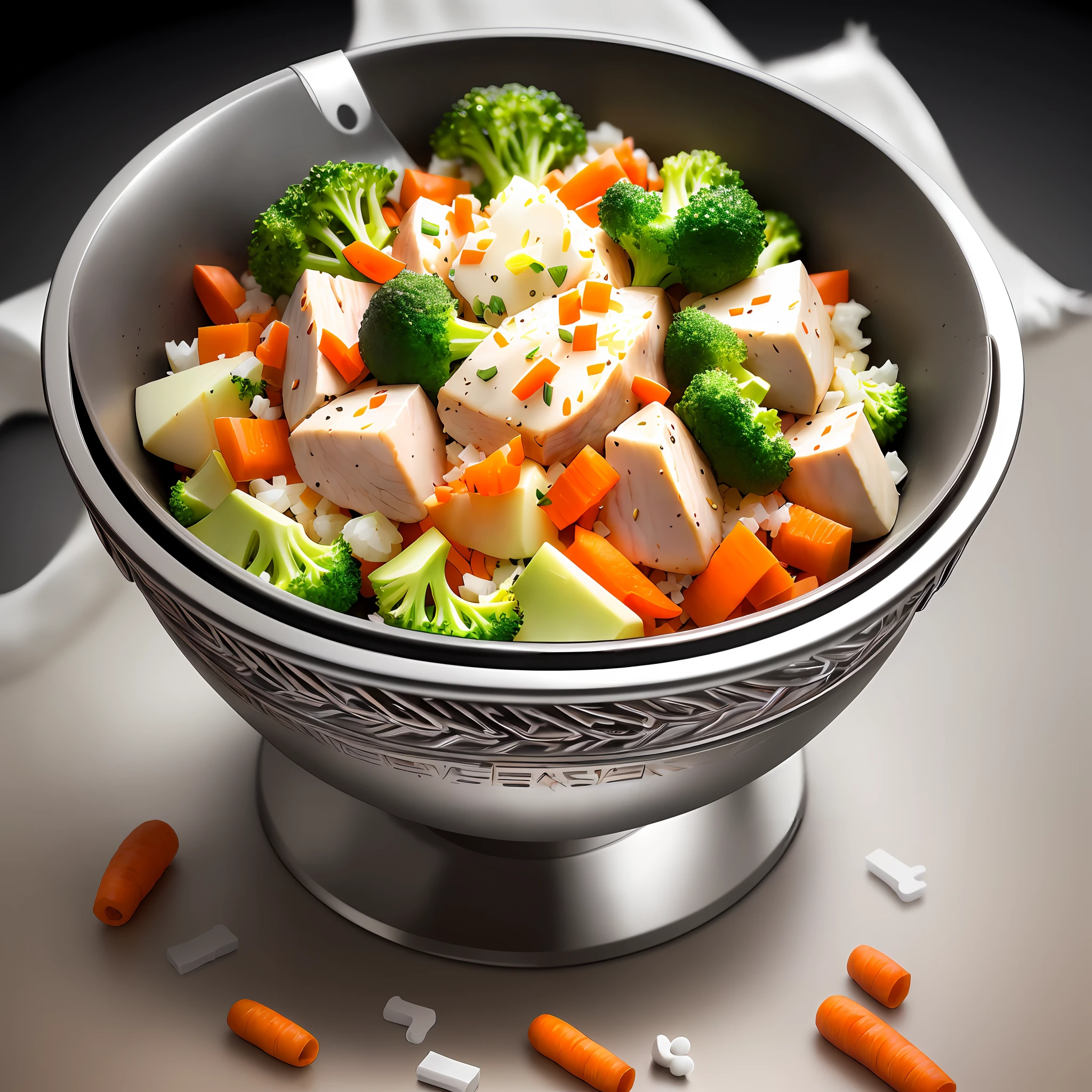 Ultra realistic style, stainless steel bowl with (((pieces of white meat)), chopped potato, grated carrot, chopped broccoli, intricate details, dslr, 100 mm, pets, diffused light, Studio photography, professional advertising, 8k