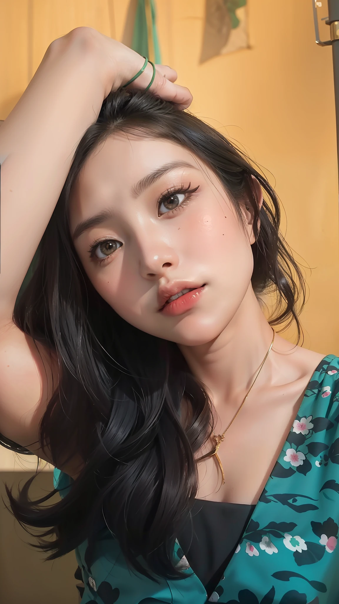 there is a woman that is posing for a picture in a green dress, cindy avelino, nivanh chanthara, headshot profile picture, mai anh tran, portait photo profile picture, leaked image, profile pic, 🤤 girl portrait, 18 years old, a young asian woman, with cute - fine - face, lovely delicate face, profile picture, cleavage, big tits
