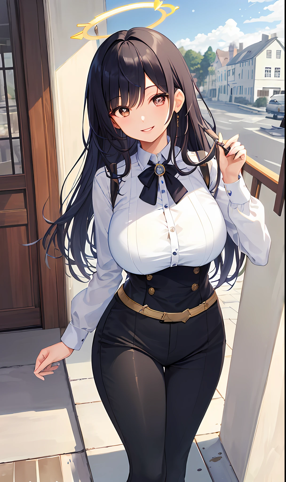 ((masterpiece, best quality)), (1woman),((mature female 45 years old, mixed race)), long, curly and black hair, halo, horn, ((society lady)),bangs, big breast,(busty),slim,smile, [wide hips],elegant house, standing, aru \(blue archive\), wearing elegant winter clothes. 8k.