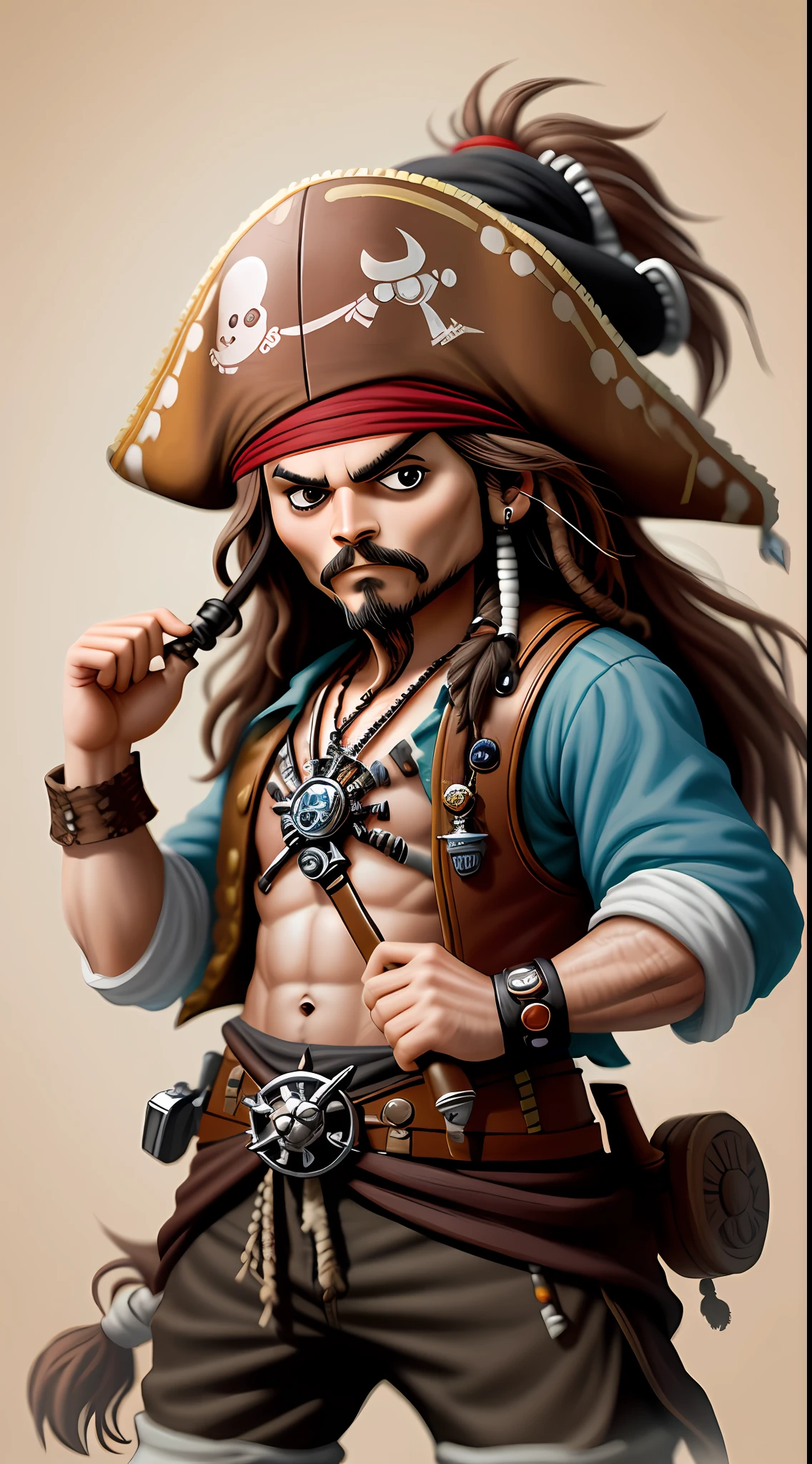 Mini miniature illustration humanoid cute Jack sparrow pirate zoom super detalhado
