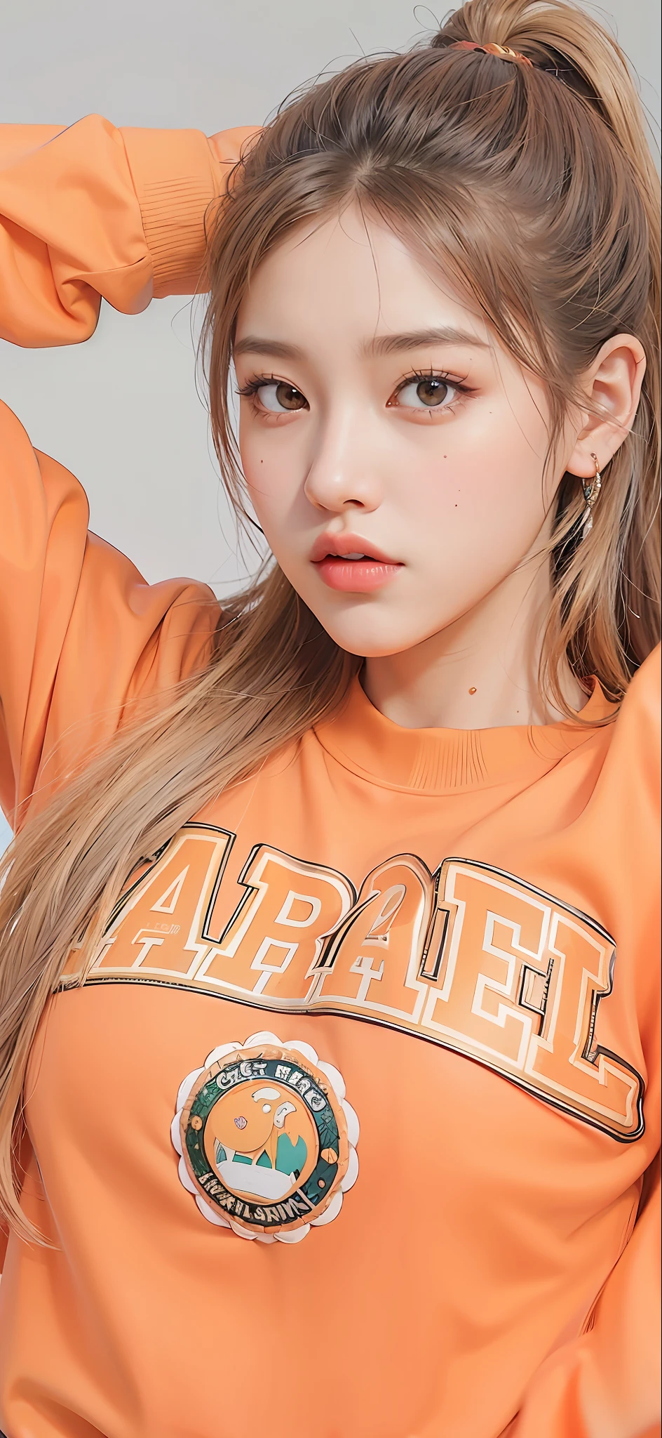 arafed woman with long hair wearing an orange sweatshirt and ponytail, roseanne park of blackpink, lalisa manobal, portrait of jossi of blackpink, lalisa manoban of blackpink, wan adorable korean face, jossi of blackpink, cl, long orange sweatshirt, jaeyeon nam, portrait of female korean idol, wearing an orange t shirt, cleavage, large breasts,
