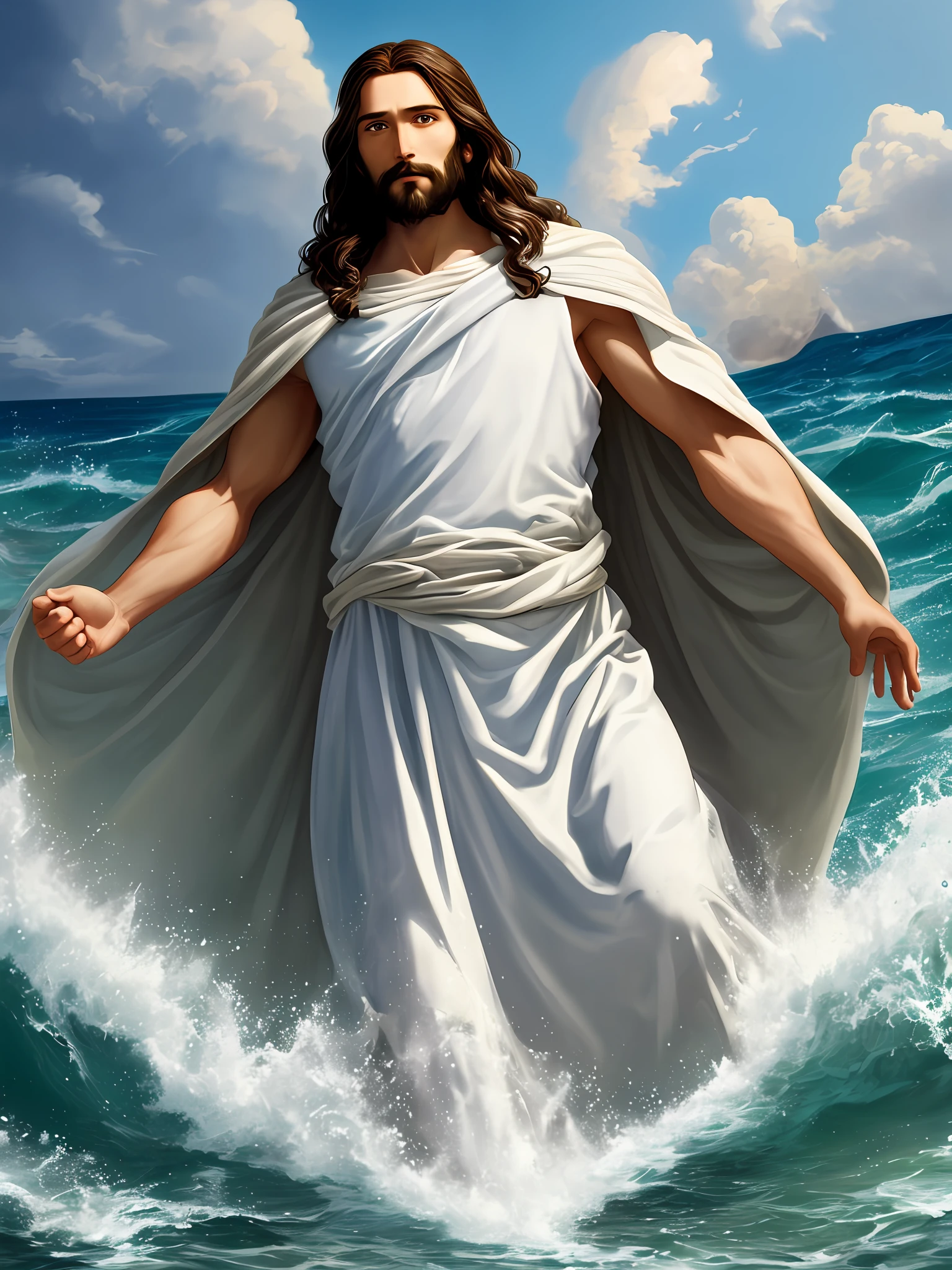 (detailed description) (better quality) Create an image of Jesus coming out of the sea
