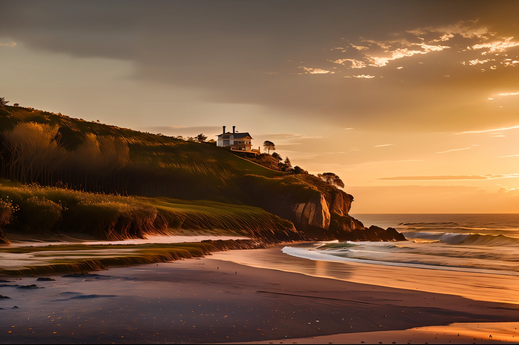 a beautiful house on the beach, high on a cliff, overlooking the sea, during sunset, golden hour of sunset, masterpiece, high definition, masterpiece, 32k, 78.5k, UHD, HD, lightwave, sunset, highly detailed,, intricate.