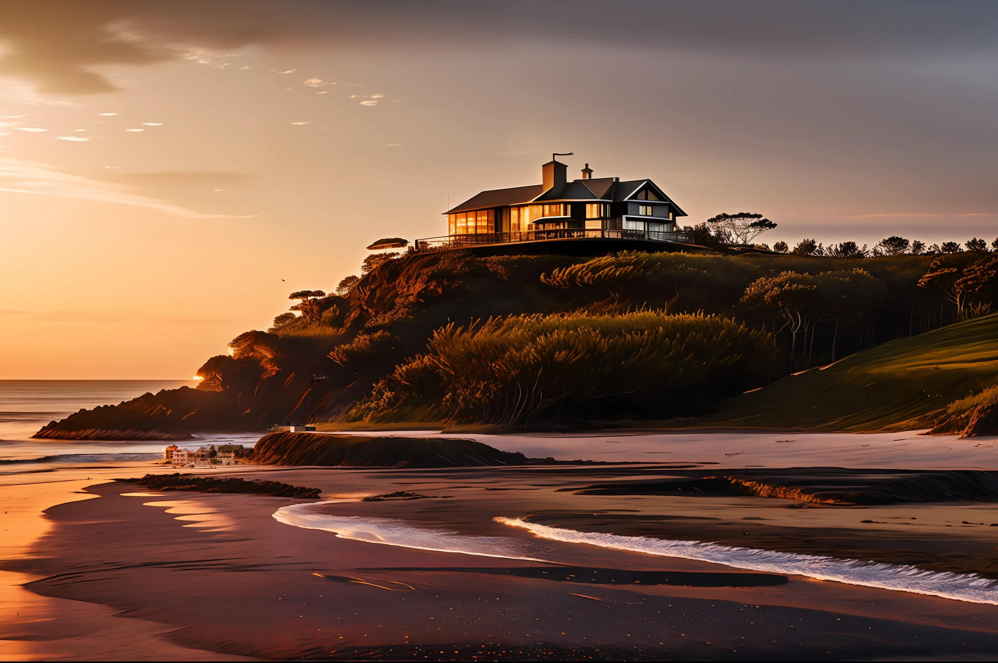 a beautiful house on the beach, high on a cliff, overlooking the sea, during sunset, golden hour of sunset, masterpiece, high definition, masterpiece, 32k, 78.5k, UHD, HD, lightwave, sunset, highly detailed,, intricate.