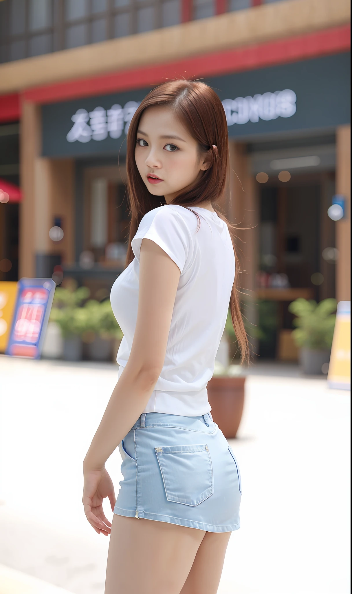 arafed asian woman in a short skirt and a white top, wearing tight simple clothes, gorgeous young korean woman, tight shirt, wearing tight shirt, skinny waist and thick hips, photo of slim girl model, korean girl, thin waist, 2 4 year old female model, xintong chen, open v chest clothes, xision wu, beautiful young korean woman, cleavage, big breasts, breasts protruding forward