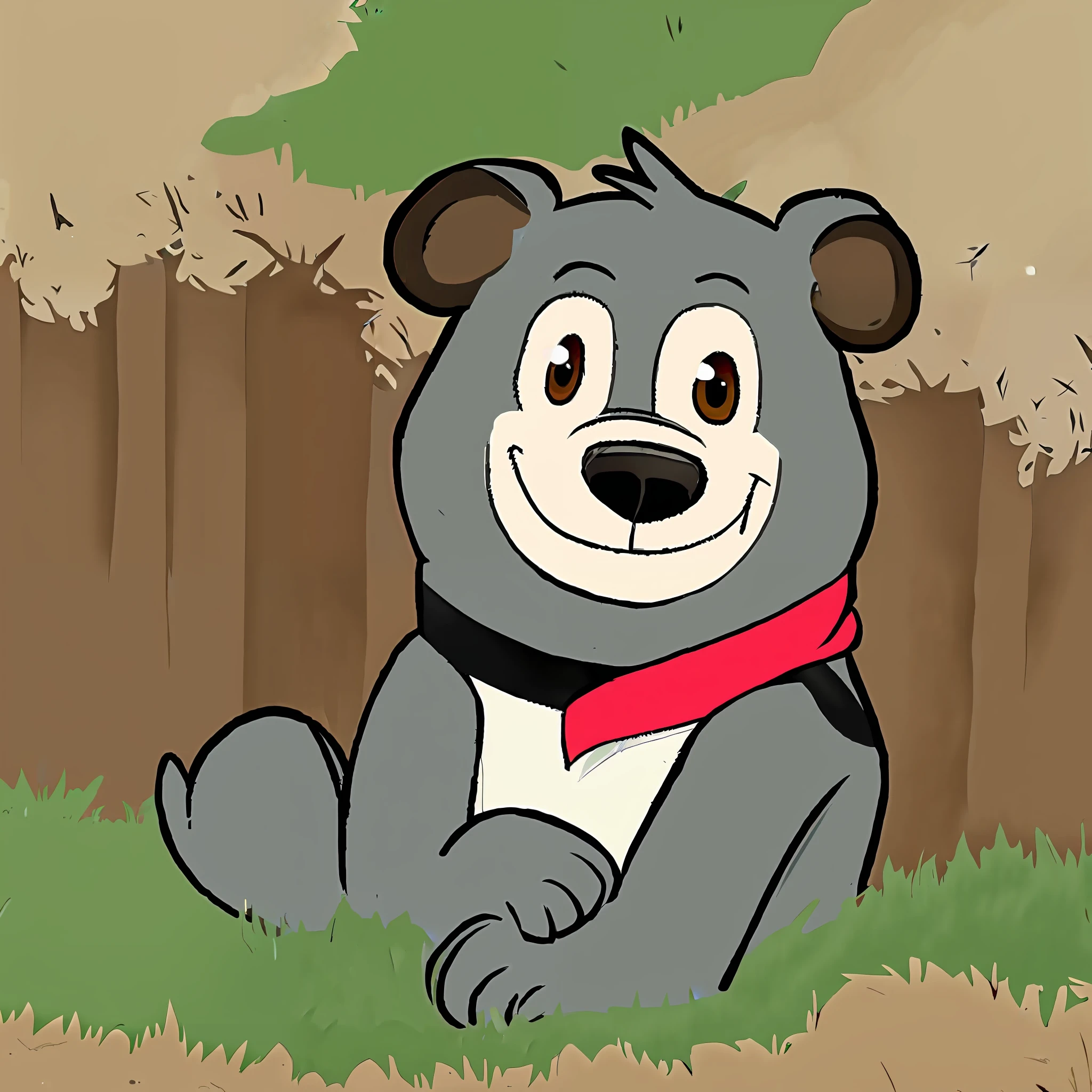 cartoon woodchuck, animated, solo, fluffy fur, woodchuck face, happy, brown eyes, grey back and head, white belly, wearing red scarf,  BREAK outside, tall grass, in forest, digital media \(artwork\),