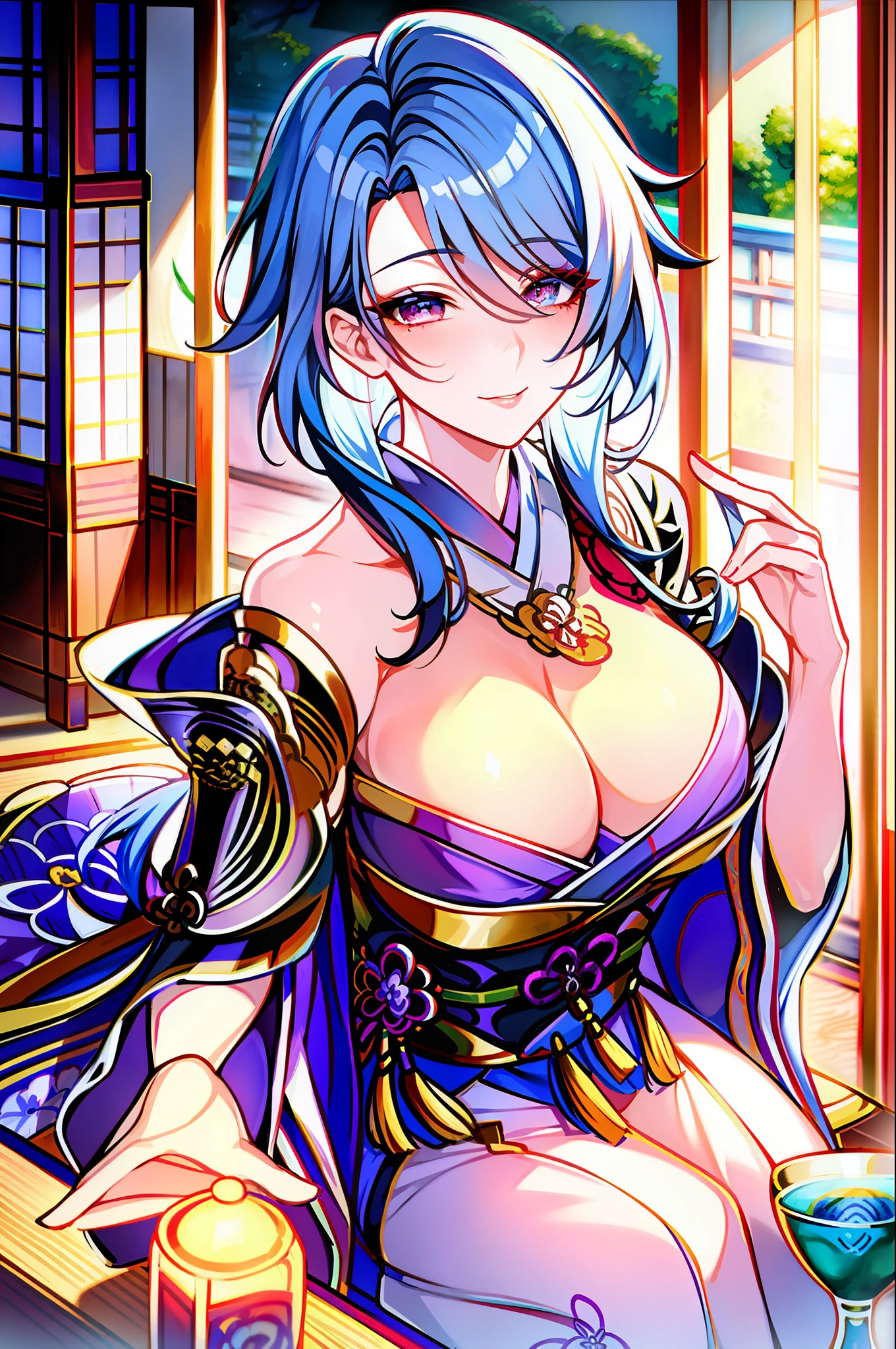 (masterpiece:1.2), (best quality:1.2), ayato(genshin impact) perfect eyes, perfect face, midium hair, 1girl, mature female concubine wearing kimono, off shoulders, blue hair, traditional Japanese hairdo, obi, blue clothes, calm smile, one mole under lips, beautifully detailed eyes eyes, midium breasts, topless, cleavage, hands on breasts, floral pattern, silk, embroideries,makeup, thick eyelashes, standing in a Japanese room, detailed background