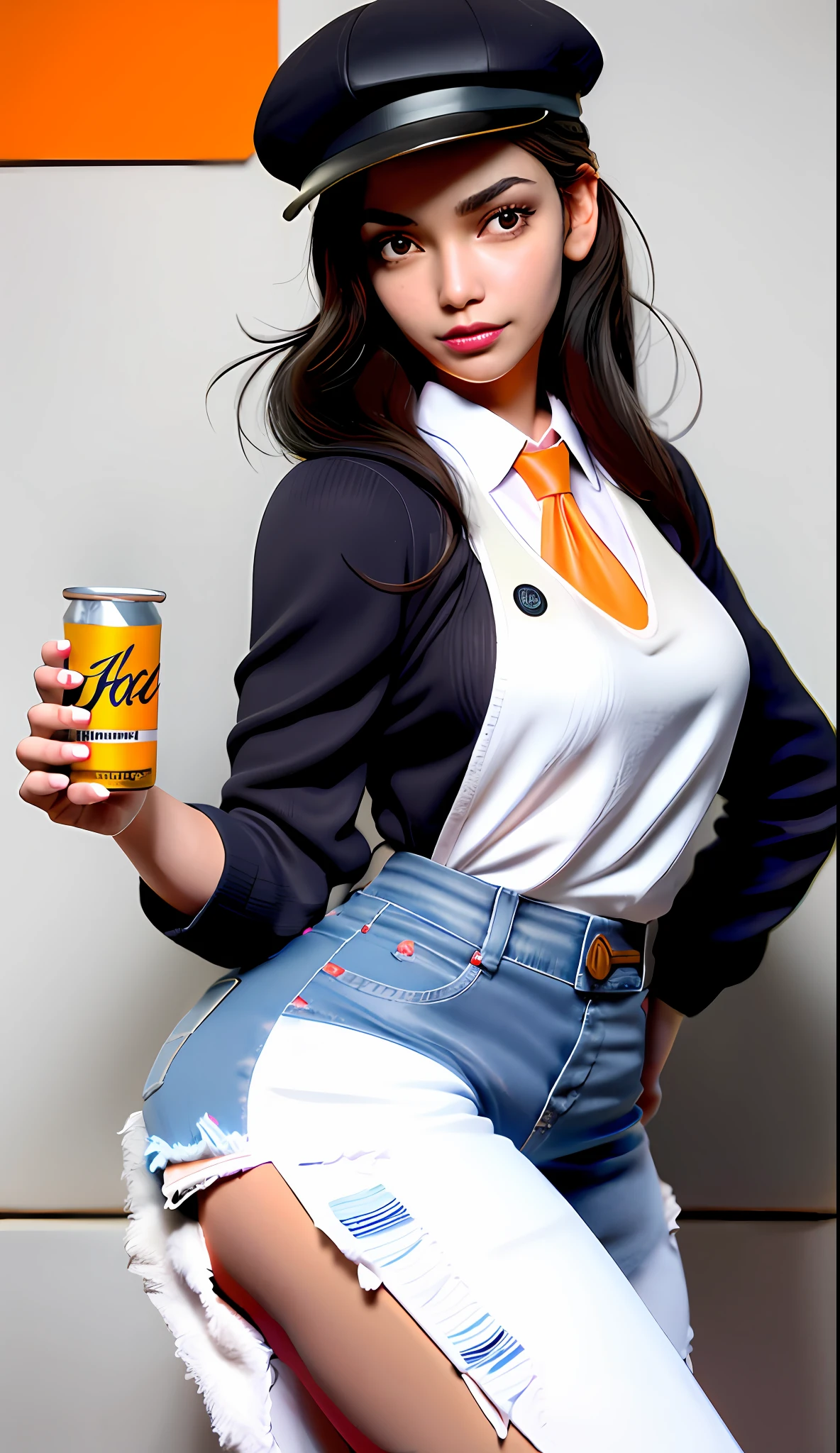 Best quality, realistic, award-winning illustration, (complicated detail: 1.2), (fine detail), (complicated detail), (cinematic lights, best quality), sharp lines, sharp focus, official art, 16k, A beautiful woman smiling, perfect face, (detailed face: 1.2), (medium soft black hair), (messy hair), wearing lipstick, (medium body: 1.3), wearing black and orange cap, splash graphite background, splash dulce de leche, (holding a can of candy:  1.3), a beautiful young boss, wearing black apron with orange, ((wearing jeans)), character design by Tibor Czorba, winner of the contest behance, les nabis, behance hd, studio photography, 16k, white background.