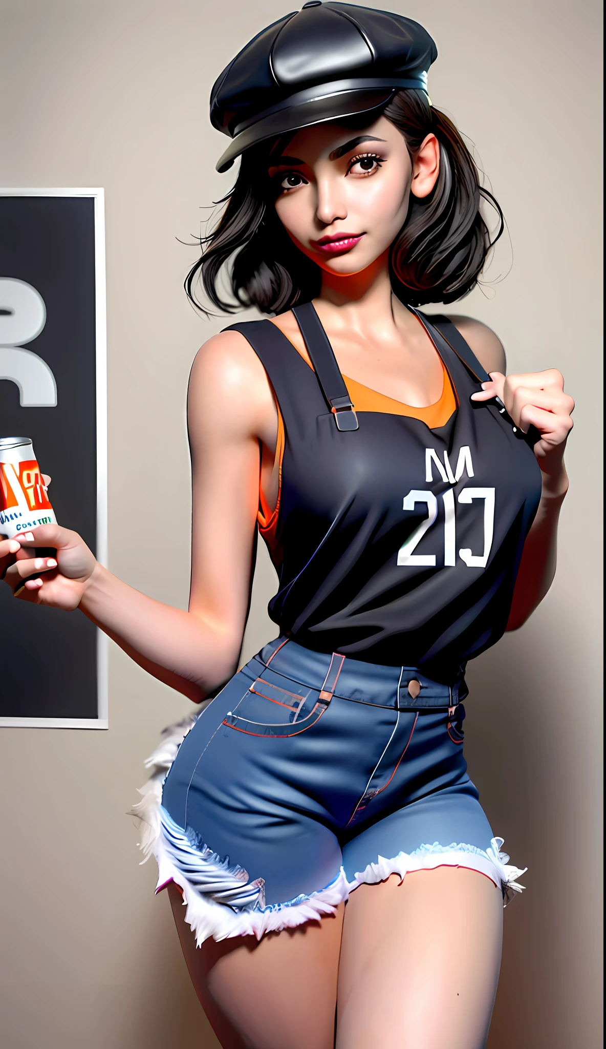 Best quality, realistic, award-winning illustration, (complicated detail: 1.2), (fine detail), (complicated detail), (cinematic lights, best quality), sharp lines, sharp focus, official art, 16k, A beautiful woman smiling, perfect face, (detailed face: 1.2), (medium soft black hair), (messy hair), wearing lipstick, (medium body: 1.3), wearing black and orange cap, splash graphite background, splash dulce de leche, (holding a can of candy: 1.3), a beautiful young boss, wearing black apron with orange, ((wearing jeans)), character design by Tibor Czorba, winner of the contest behance, les nabis, behance hd, studio photography, 16k, white background.