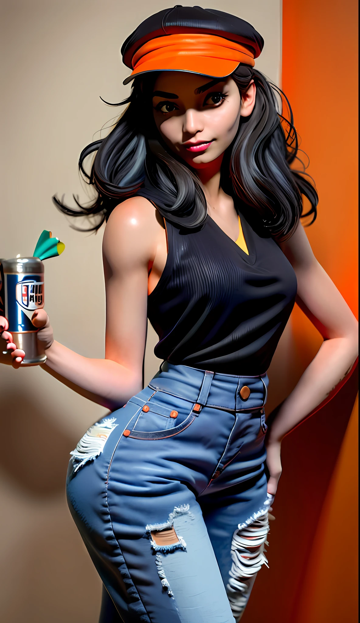 Best quality, realistic, award-winning illustration, (complicated detail: 1.2), (fine detail), (complicated detail), (cinematic lights, best quality), sharp lines, sharp focus, official art, 16k, A beautiful woman smiling, perfect face, (detailed face: 1.2), (medium soft black hair), (messy hair), wearing lipstick, (medium body: 1.3), wearing black and orange cap, splash graphite background, splash dulce de leche, (holding a can of candy:  1.3), a beautiful young boss, wearing black apron with orange, ((wearing jeans)), character design by Tibor Czorba, winner of the contest behance, les nabis, behance hd, studio photography, 16k, white background.