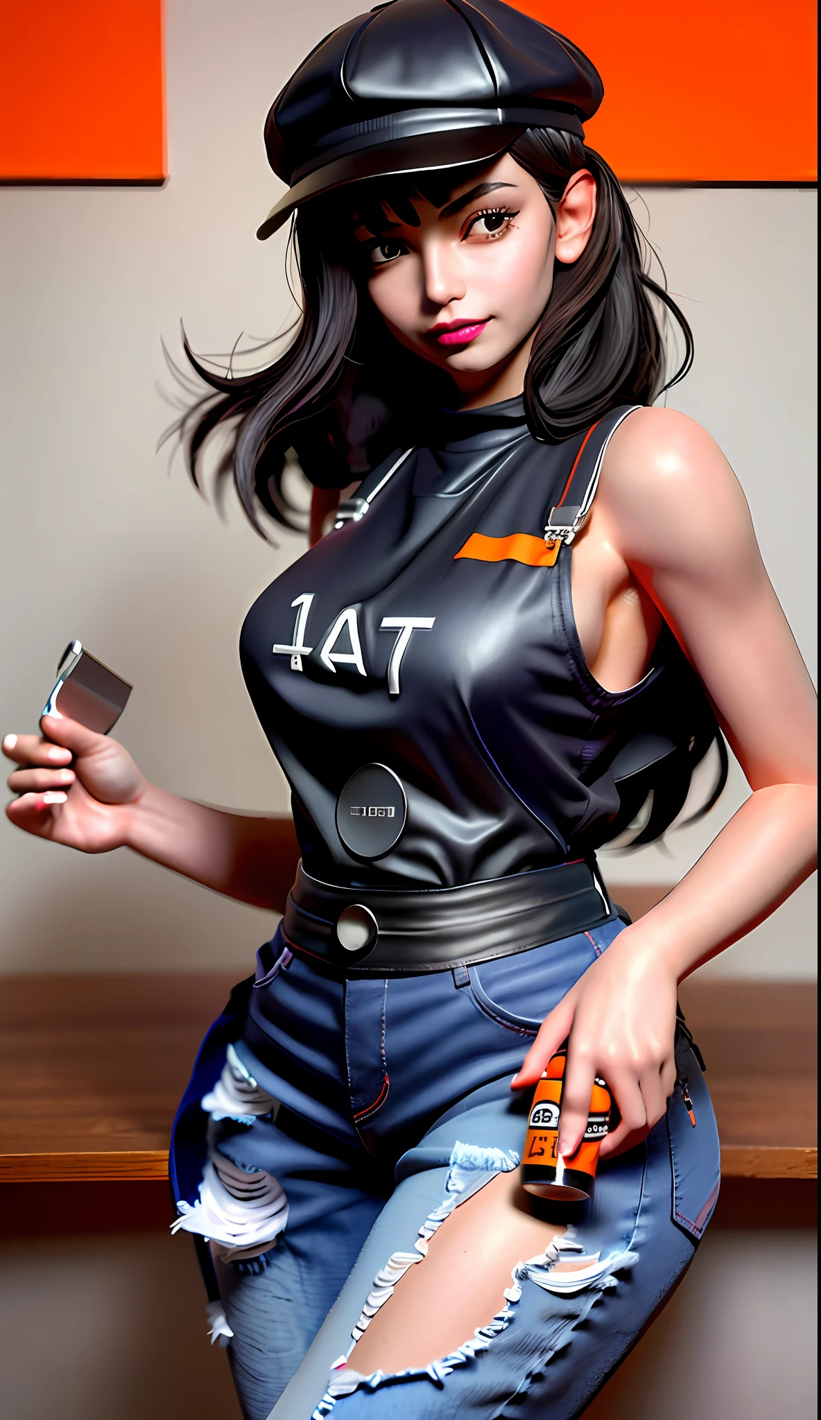 Best quality, realistic, award-winning illustration, (complicated detail: 1.2), (fine detail), (complicated detail), (cinematic lights, best quality), sharp lines, sharp focus, official art, 16k, A beautiful woman smiling, perfect face, (detailed face: 1.2), (medium soft black hair), (messy hair), wearing lipstick, (medium body: 1.3), wearing black and orange cap, splash graphite background, splash dulce de leche, (holding a can of candy:  1.3), a beautiful young boss, wearing black apron with orange, ((wearing jeans)), character design by Tibor Czorba, winner of the contest behance, les nabis, behance hd, studio photography, 16k, white background.