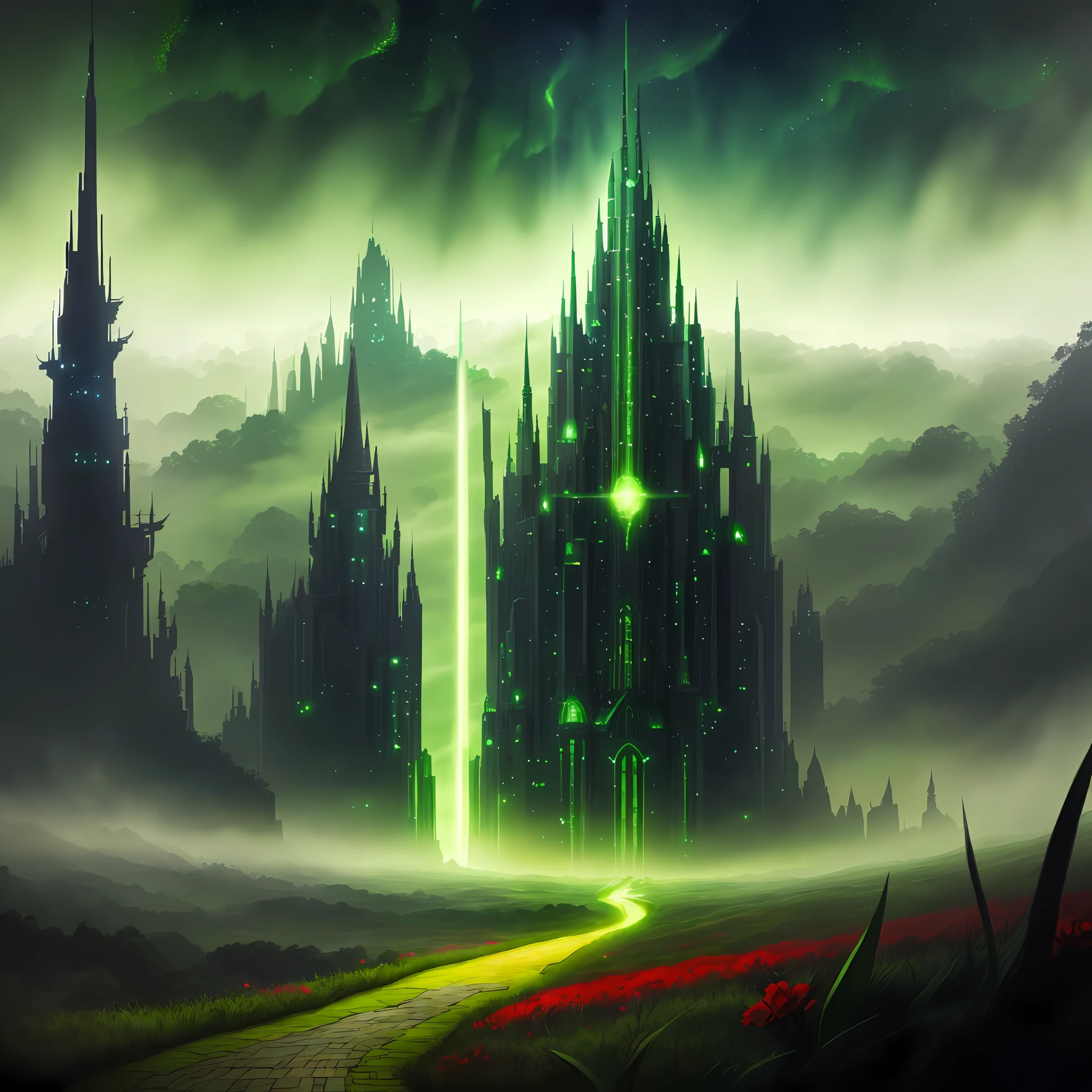 View of the yellow brick road, coming out of a dark and magical forest with green fireflies and red flowers. In the background the emerald city of the wizard of oz. Cloudy sky with shades of green and black. magical city, a large castle, digital art style