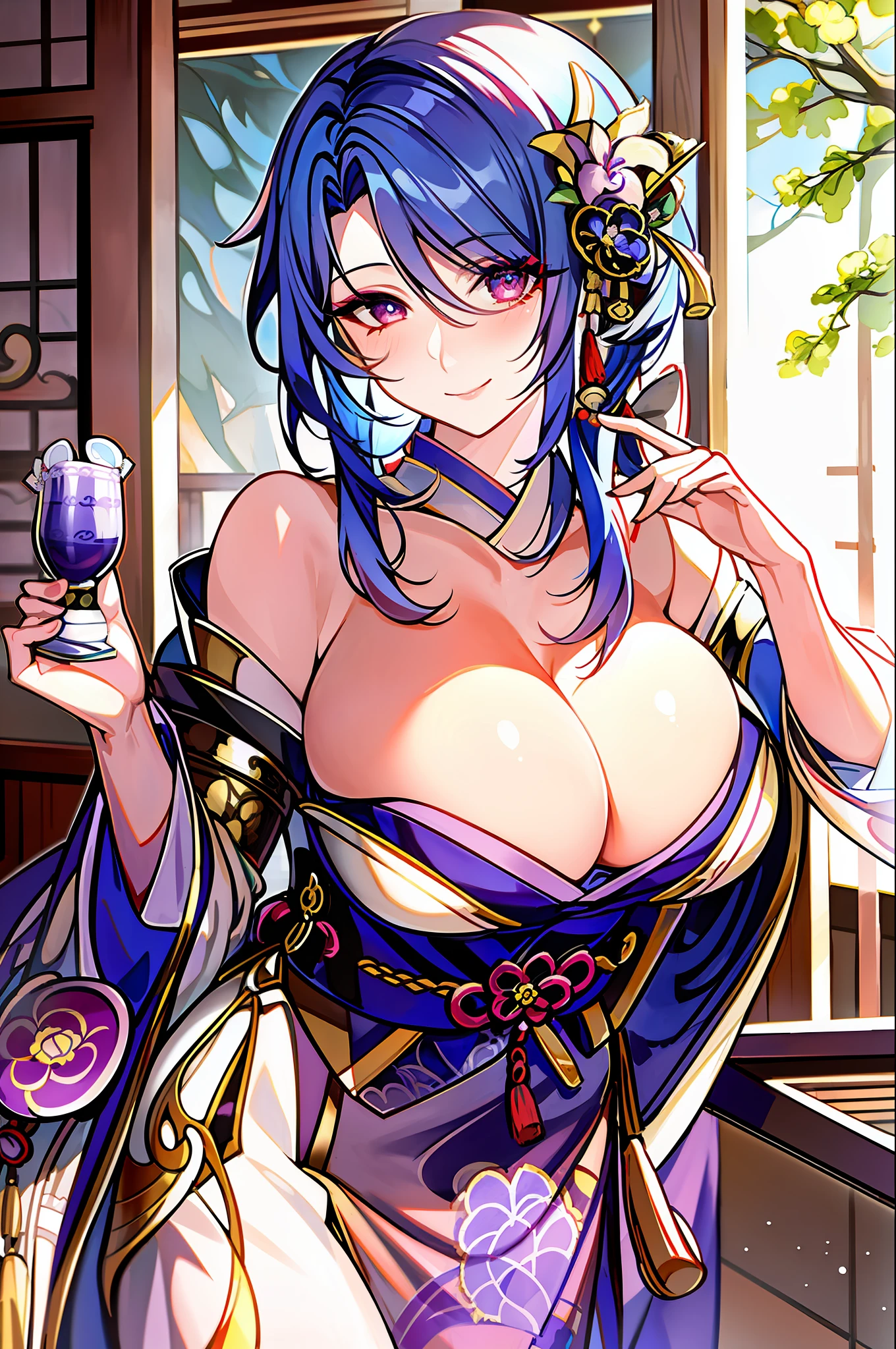 (masterpiece:1.2), (best quality:1.2), ayato(genshin impact) perfect eyes, perfect face, midium hair, 1girl, mature female concubine wearing kimono, off shoulders, blue hair, traditional Japanese hairdo, obi, blue clothes, calm smile, one mole under lips, beautifully detailed eyes eyes, midium breasts, topless, cleavage, hands on breasts, floral pattern, silk, embroideries,makeup, thick eyelashes, standing in a Japanese room, detailed background