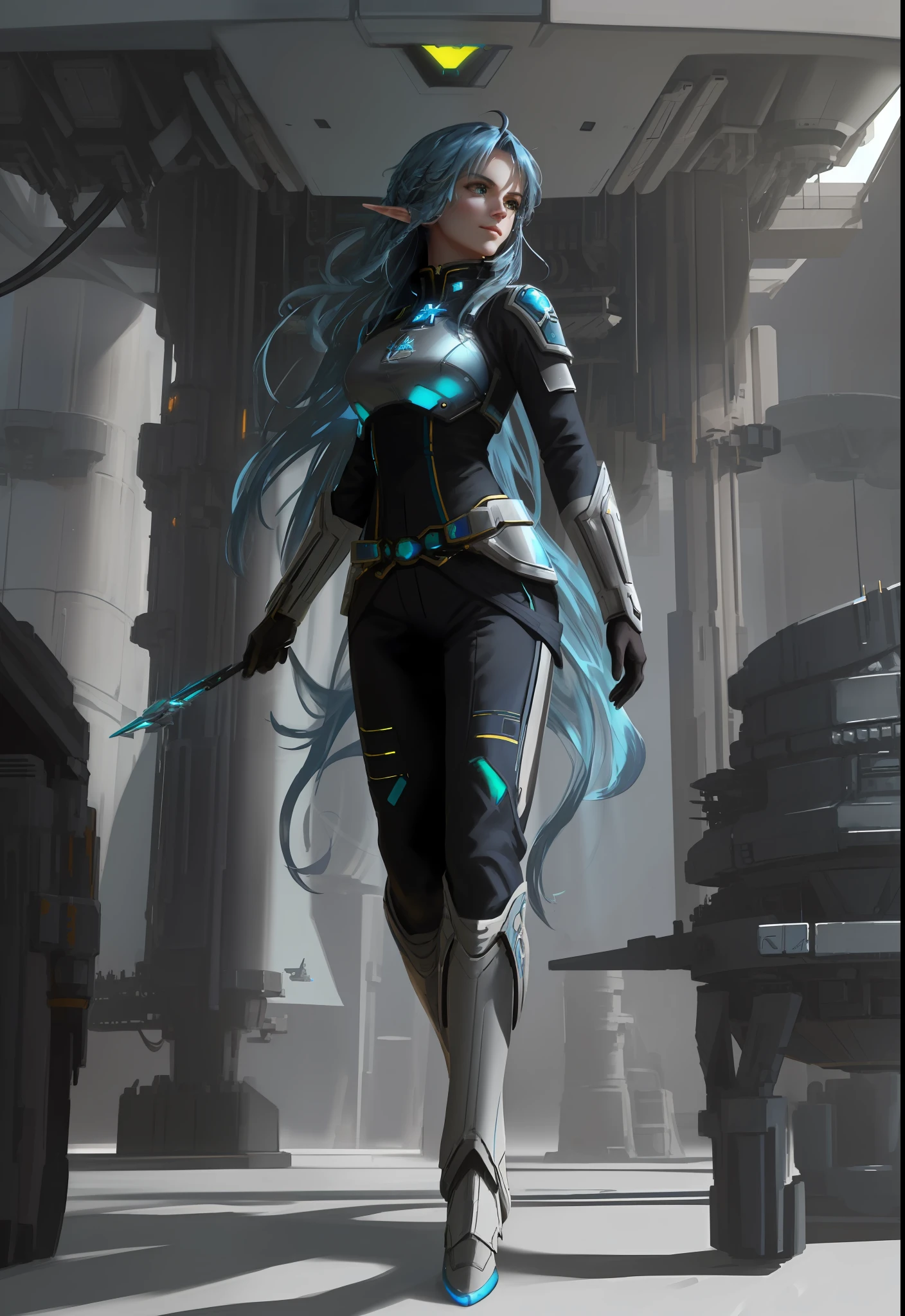 highly detailed, futuristic, sci-fi art by Ruan Jia, wlop, dalcefo, artgerm , alphonse mucha, ((evil smirk)), close-up portrait, cinematic, illustration, ((( blue hair))), elegant female space captain in a closed pilot's jumpsuit, trousers, (the gemstone in the middle of the forehead)), (((on a sci-fy spaceship,)))ovals, free pose, intricate detailed futuristic environment, ,detailed face, elf, lush long wavy hair, correct arms, correct fingers, correct legs, correct anatomy, correct body