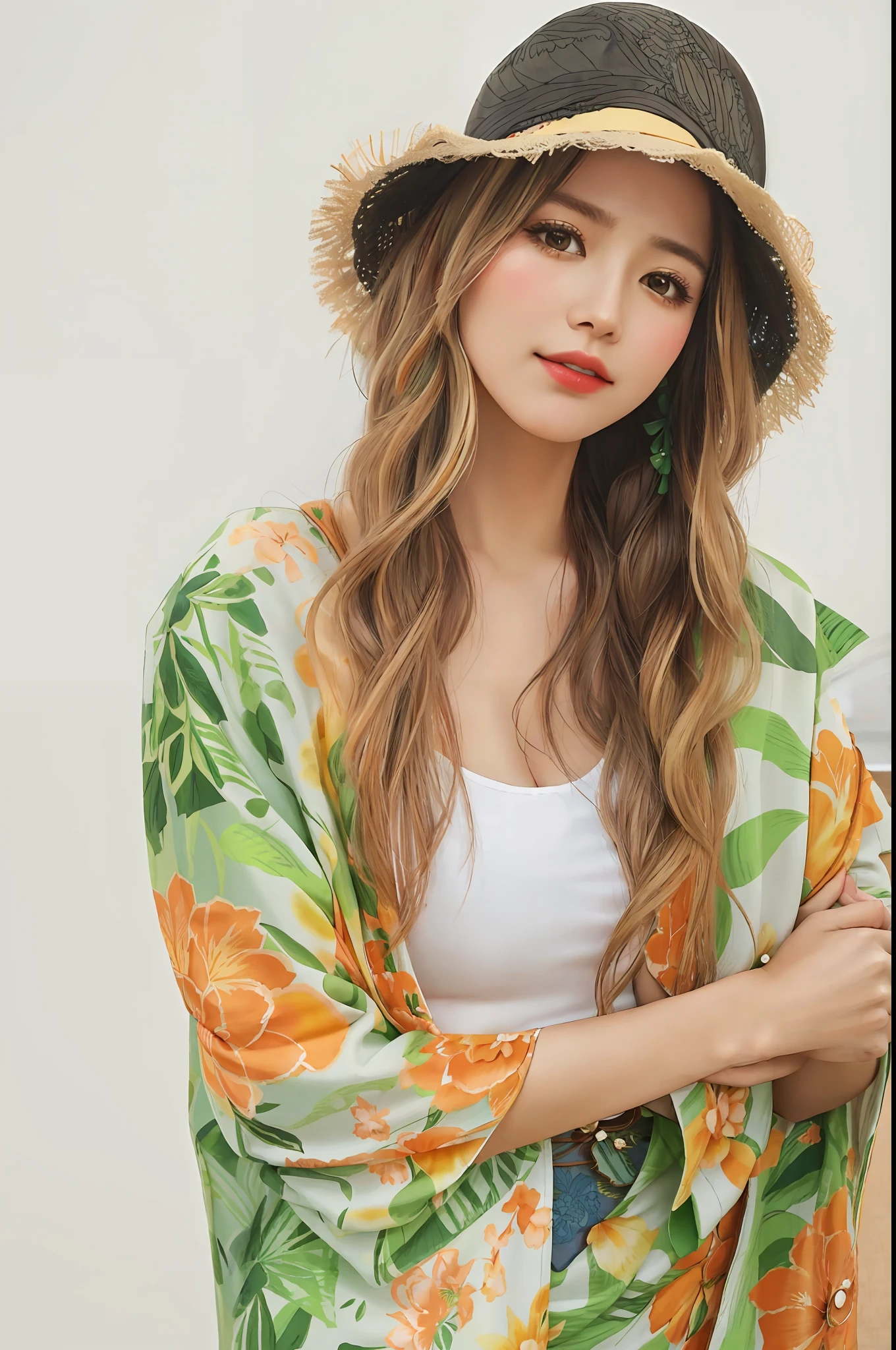 a woman wearing a hat and a green and orange floral kimono, tropical style, tropical vibe, kimono, with straw hat, classic kimono, wearing kimono, elegant tropical prints, wearing rainbow kimono, graphic print, in a kimono, long beautiful flowing kimono, wearing a kimono, wearing straw hat, highly detailed kimono, in kimono, straw hat, wrapped in flowers, 8k, cleavage, big breasts, breasts protruding forward
