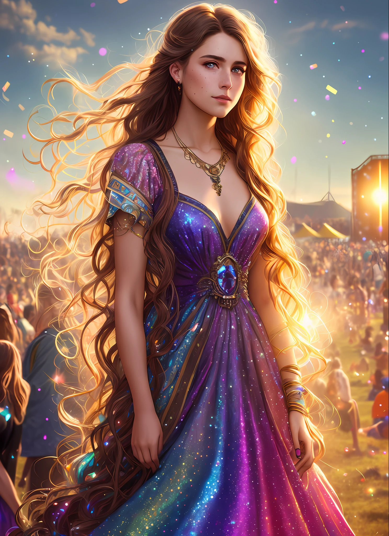 photorealistic painting ((full body)) portrait of ((stunningly attractive)) a woman at a music festival, ((perfect feminine face)), (+long colorful wavy hair), (+glitter freckles), glitter, wearing a dress, intricate, 8k, highly detailed, volumetric lighting, digital painting, intense, sharp focus, art by artgerm and rutkowski and alphonse mucha, cgsociety