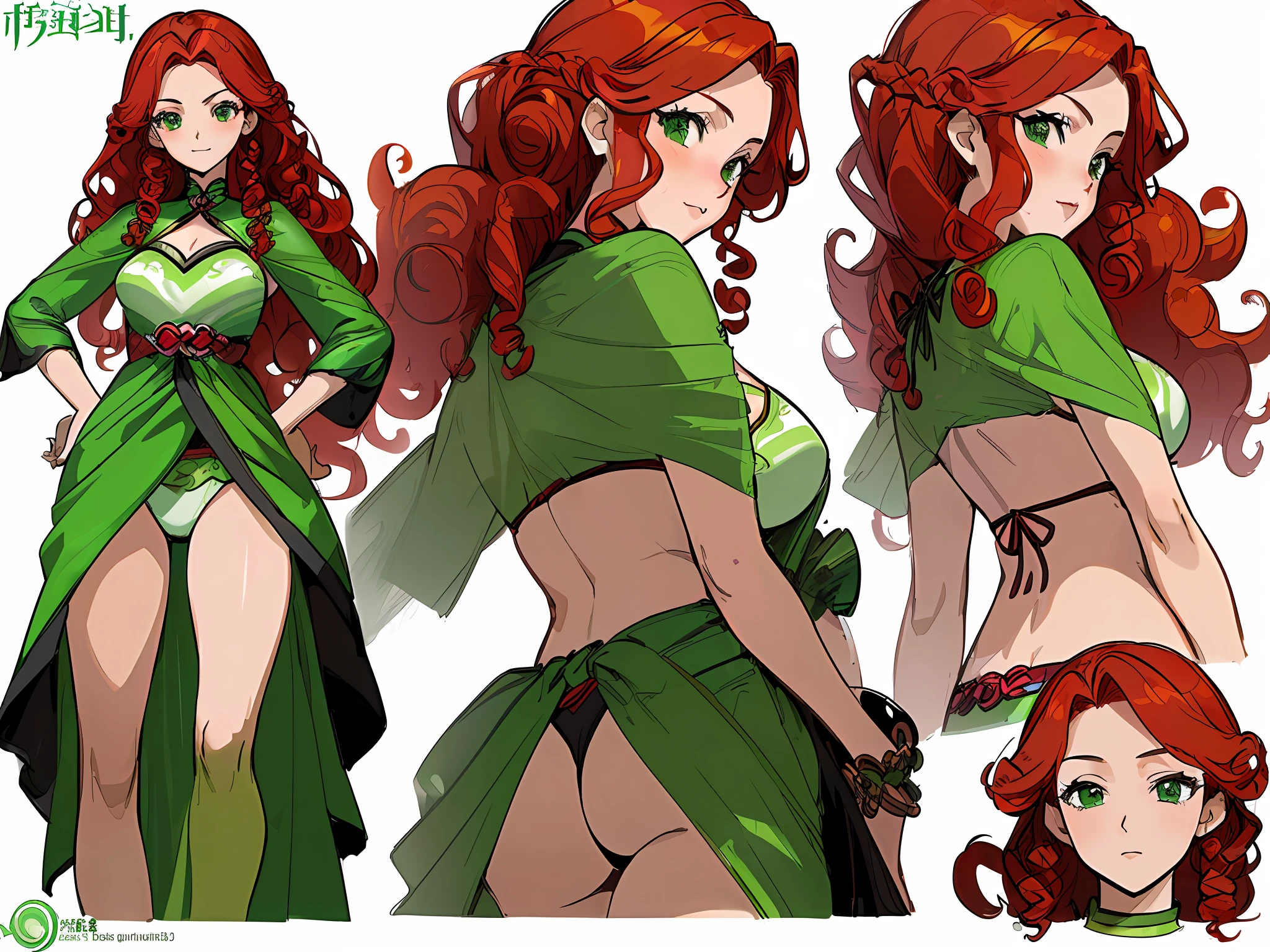 ((masterpiece)),((best quality)),(character design sheet, same character, front, side, back), illustration, 1 sensual woman, red curly hair color, very beautiful, super detailed, realistic, bright green eyes, ambient change scene, Fax, Zitai pose, Female, bikini, Charturnbetalora, (single background, white background: 1.3), --6