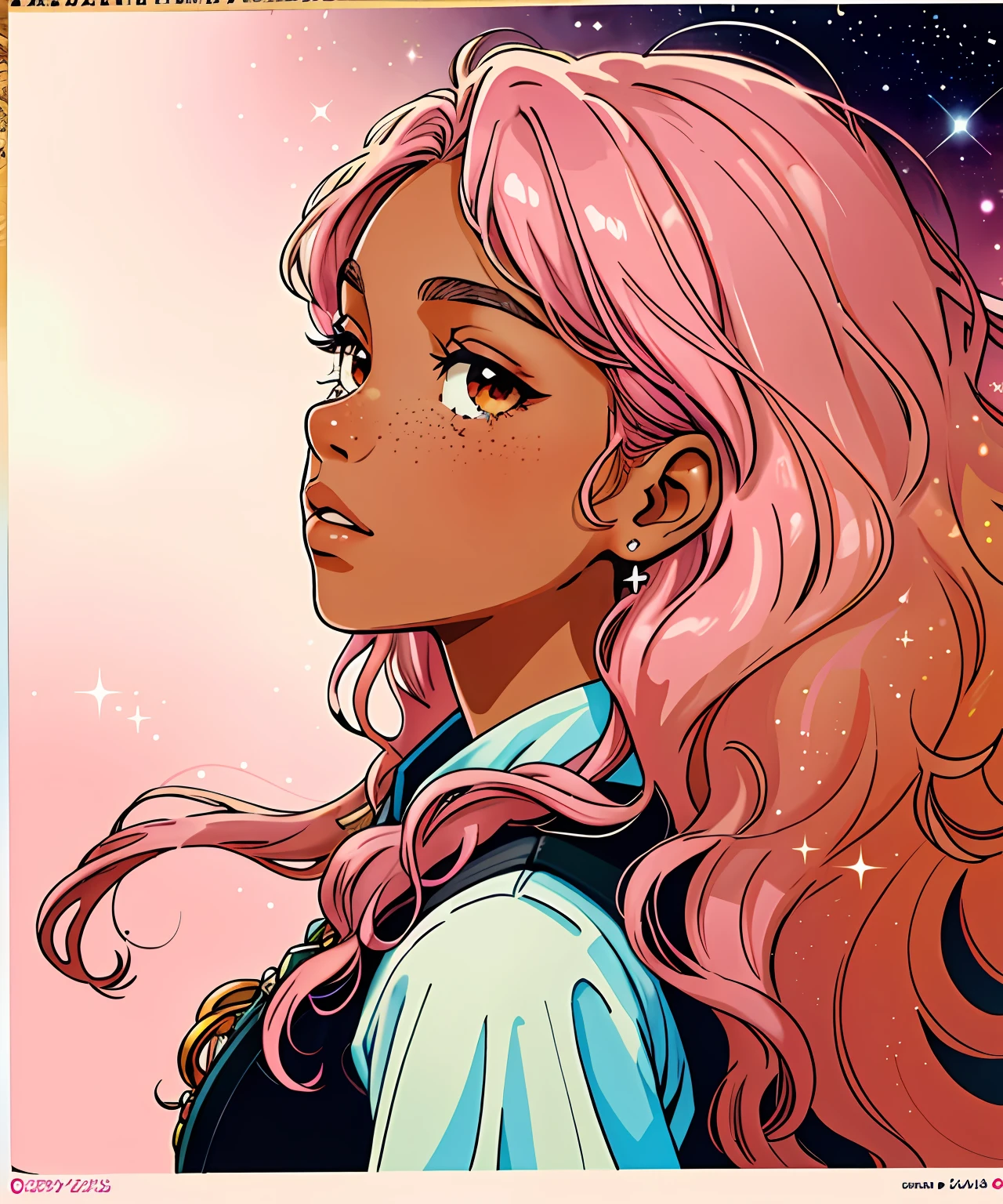 (inked original-art:1.2),(lineart:1.31),portrait female, darker skin complexion, brown eyes, thin lips, freckled complexion, princess,  (depth), Curly hair , long length hair, sparkles in hair, dramatic,poster-art,(hyperdefined),(side profile),(thin-lines), Pink hair color, fantasy aesthetic,complex-lighting,(fine-details:1.3),RAW-format,(limited-palette),clean,intricate