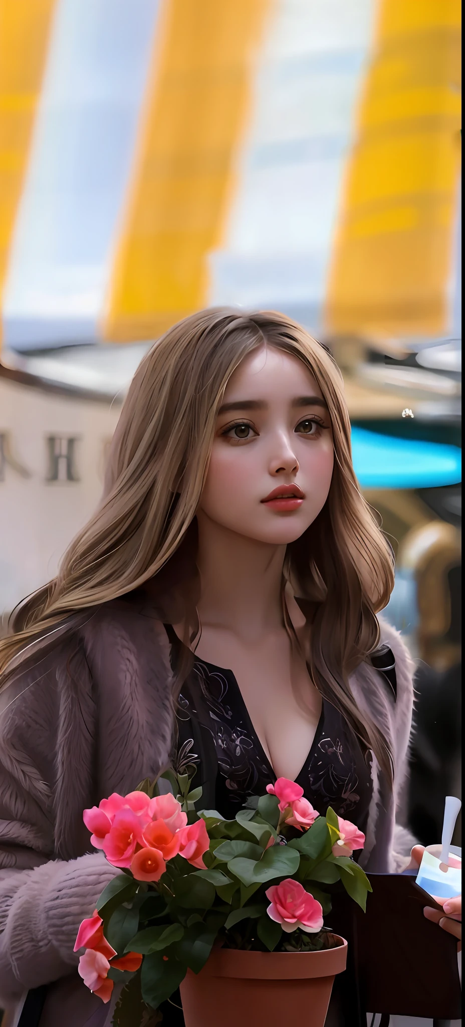 woman with long hair holding a potted plant and a cell phone, portrait of ana de armas, ana de armas portrait, ana de armas as joan of arc, ana de armas, imogen poots as holy paladin, she has a distant expression, imogen poots as a holy warrior, olivia culpo as milady de winter, Cleavage, big breasts, round breasts to the fore