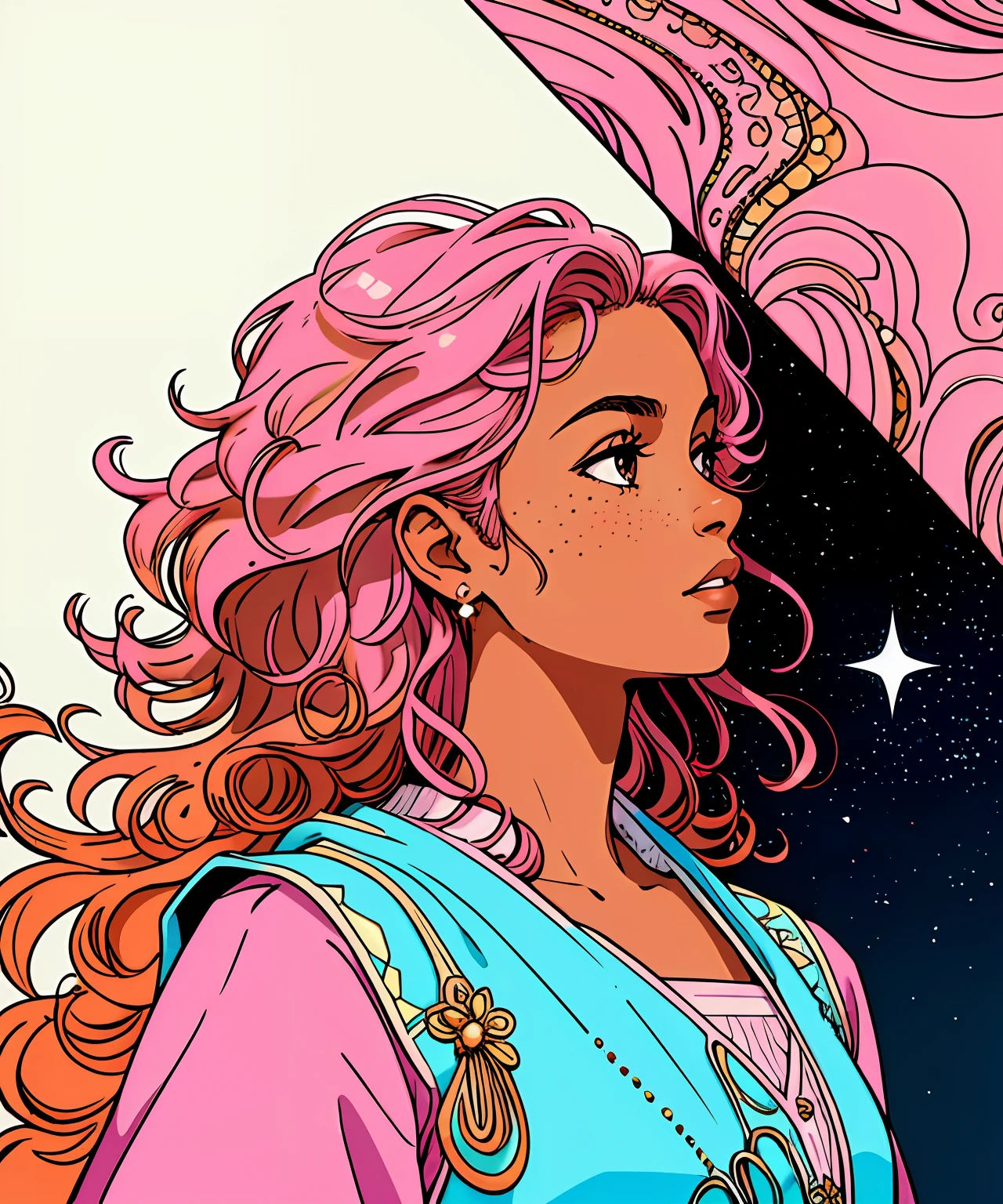 (inked original-art:1.2),(lineart:1.31),portrait female, darker skin complexion, brown eyes, thin lips, freckled complexion, princess, (depth), Curly hair , long length hair, sparkles in hair, dramatic,poster-art,(hyperdefined),(side profile),(thin-lines), Vibrant Pink hair color, fantasy aesthetic,complex-lighting,(fine-details:1.3),RAW-format,(limited-palette),clean,intricate