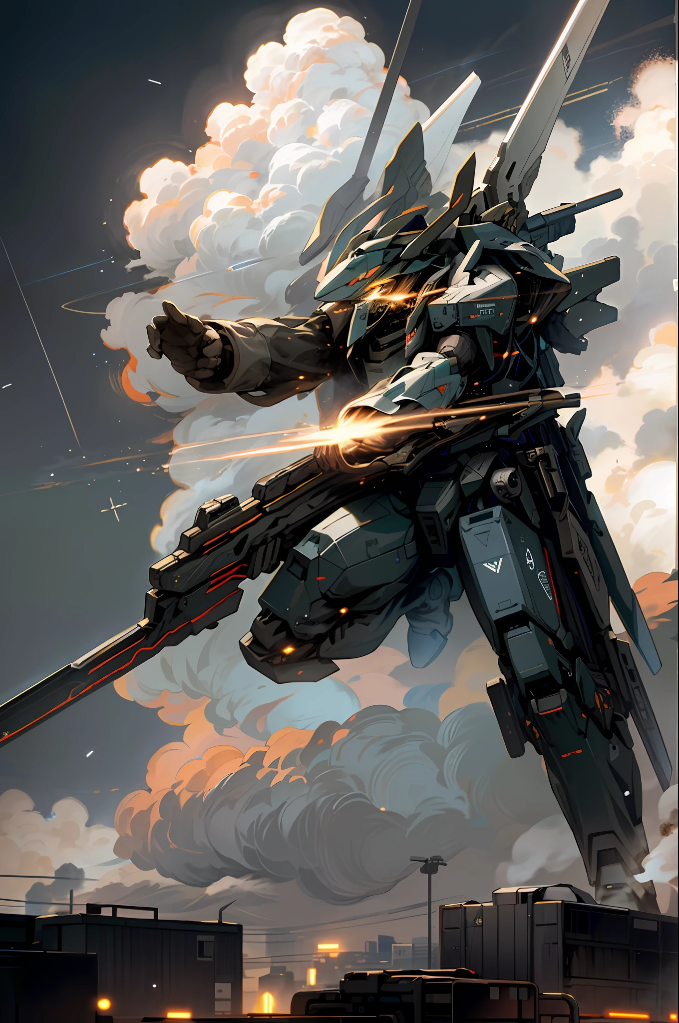 sky, cloud, holding_weapon, no_humans, glowing, , robot, building, glowing_eyes, mecha, science_fiction, city, real, mech, snipe colony with strongest beam and shoot down destruction, possess double rifle, strafe funnel, attack for revival, space colony explodes