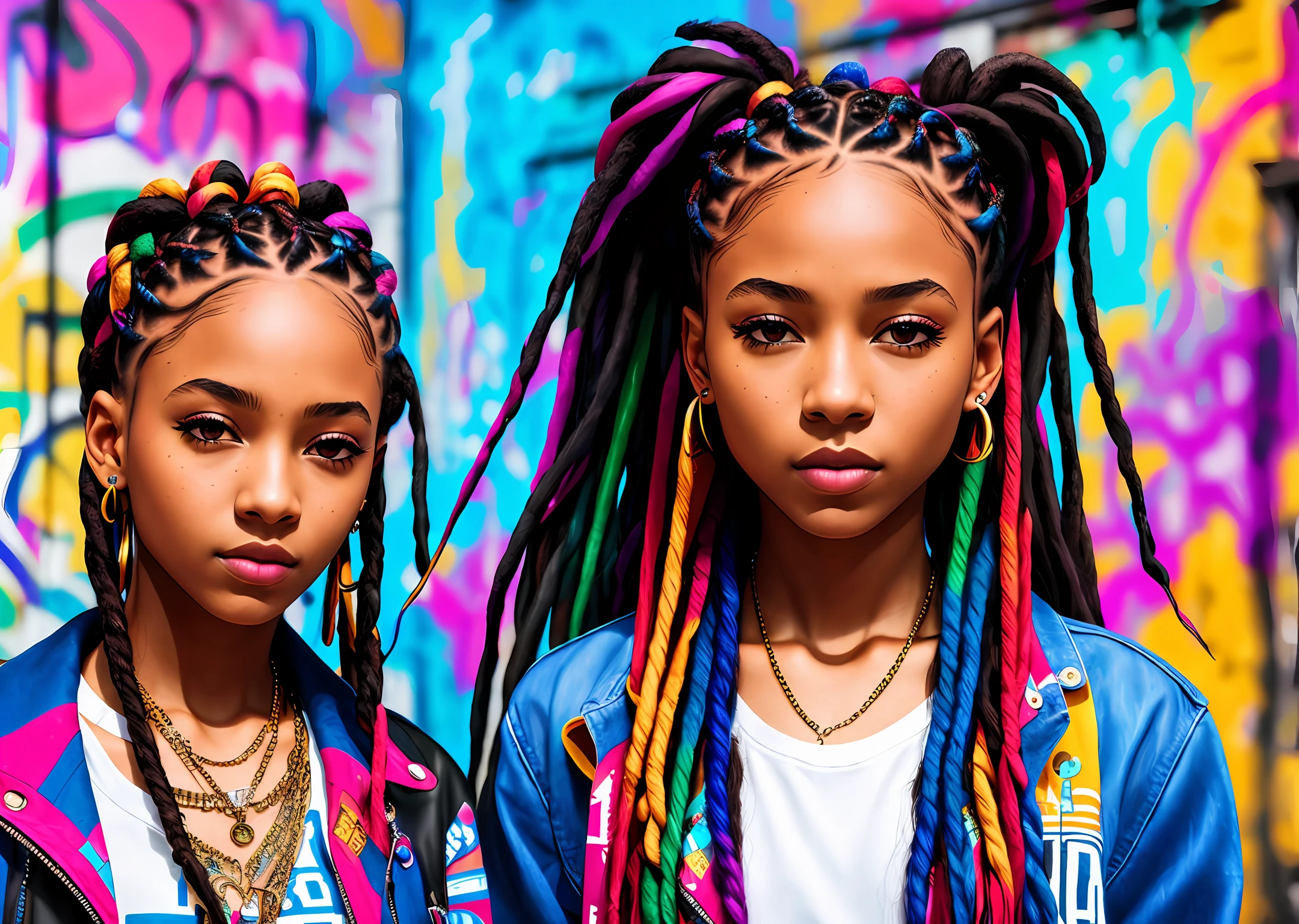 girl with braids, girl with dreadlocks, hip hop style, cypher dance, big city, graffiti wall on background, ultra realistic, UHD, 16k, natural lights, masterpiece-imagine