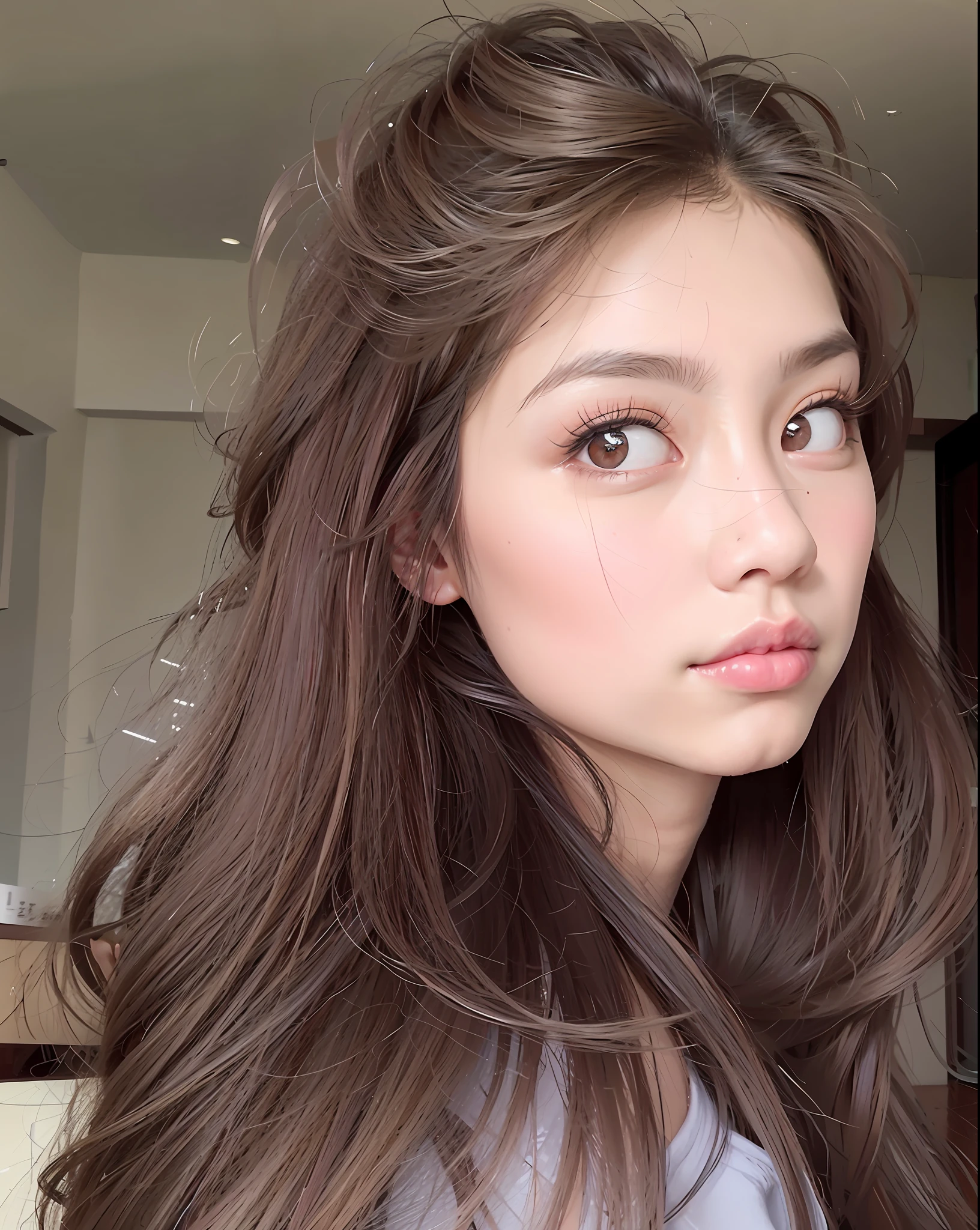 there is a woman with long brown hair and a blue shirt, cindy avelino, brown hair and large eyes, with cute - fine - face, young adorable korean face, with cute doting eyes, south east asian with round face, anime thai girl, young cute wan asian face, girl cute-fine-face, coral brown hair, with round face, blackpink jennie, 8k, Cleavage, big tits, round boobs fore, thin smile