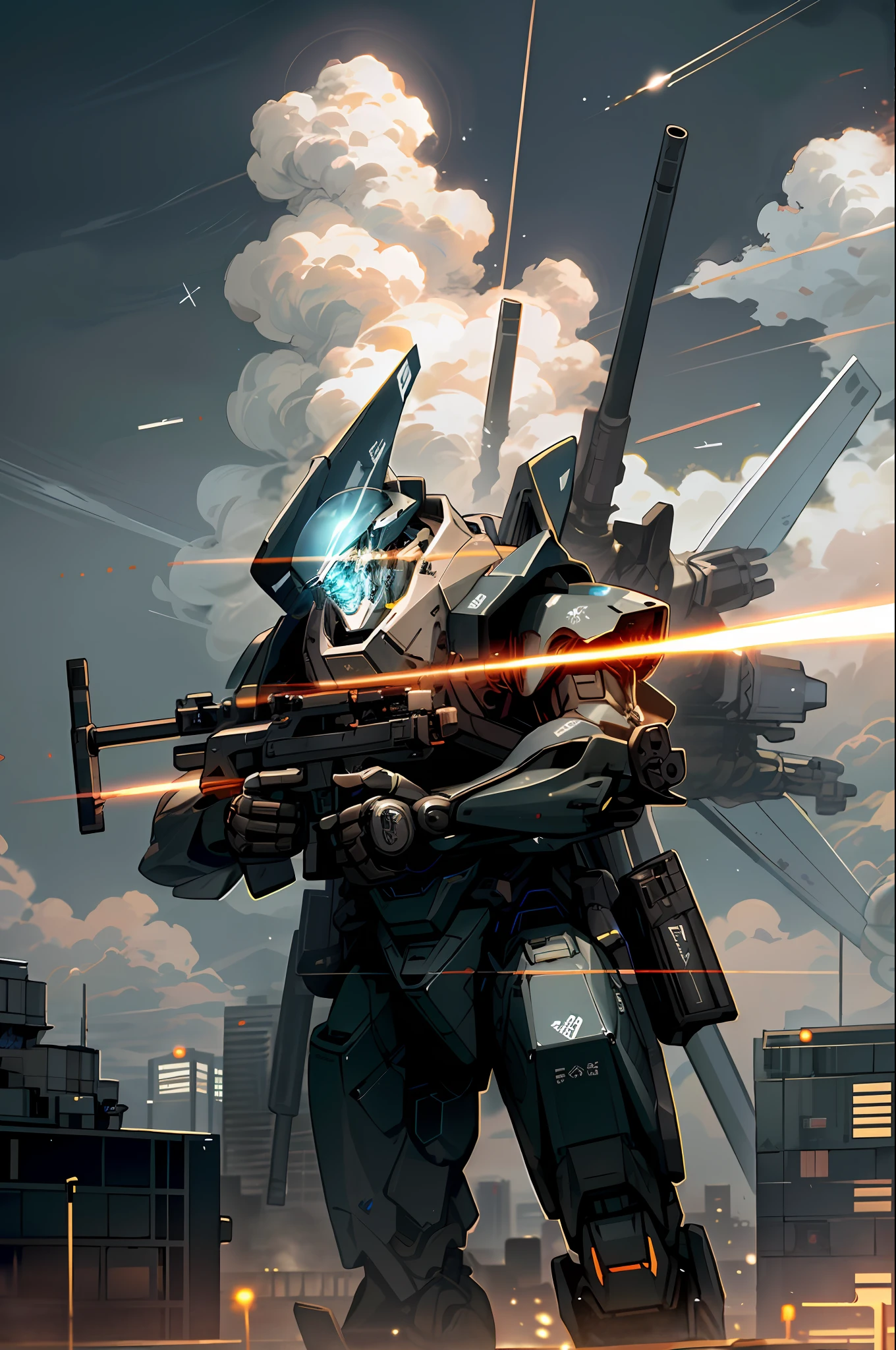 sky, cloud, holding_weapon, no_humans, glowing, , robot, building, glowing_eyes, mecha, science_fiction, city, real, mech, snipe colony with strongest beam and shoot down, double rifle possession, beam funnel strafing, attack, sniper and space colony explodes, humanity's strongest weapon